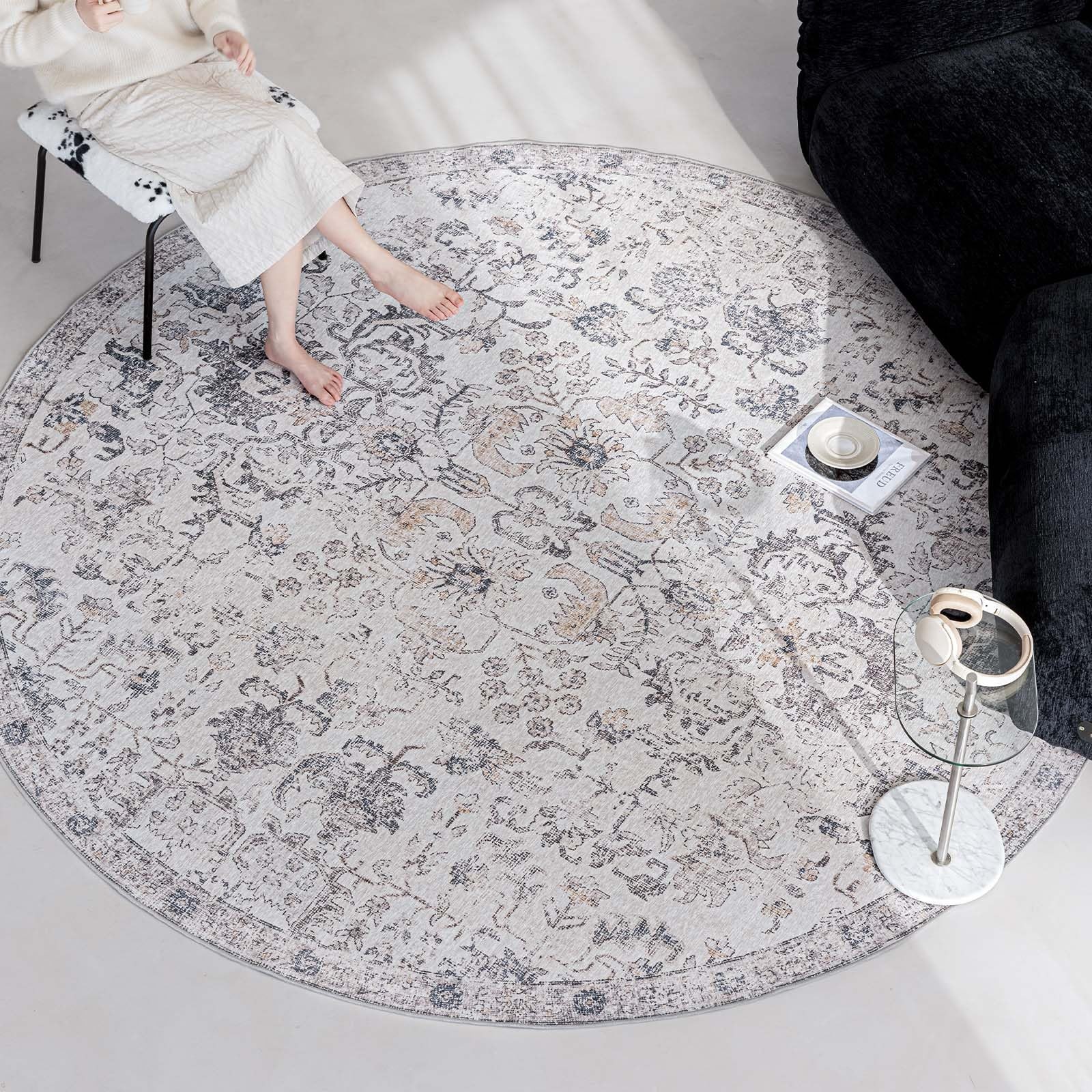 8ft Vintage Floral Round Rug, Circle Washable Rug, Grey