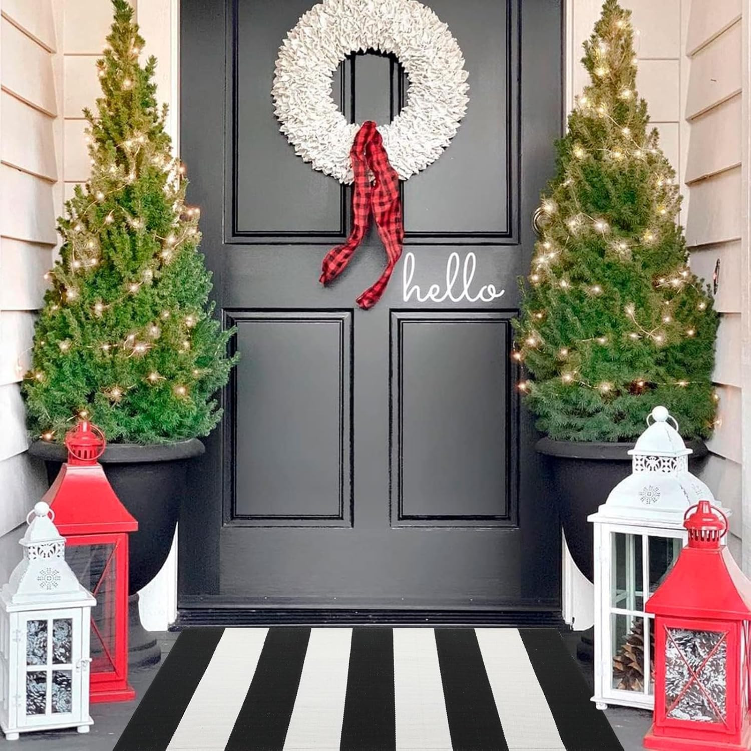 Striped Outdoor Rug 27.5×43 Black and White Front Door Mat, Layering Rug for Por