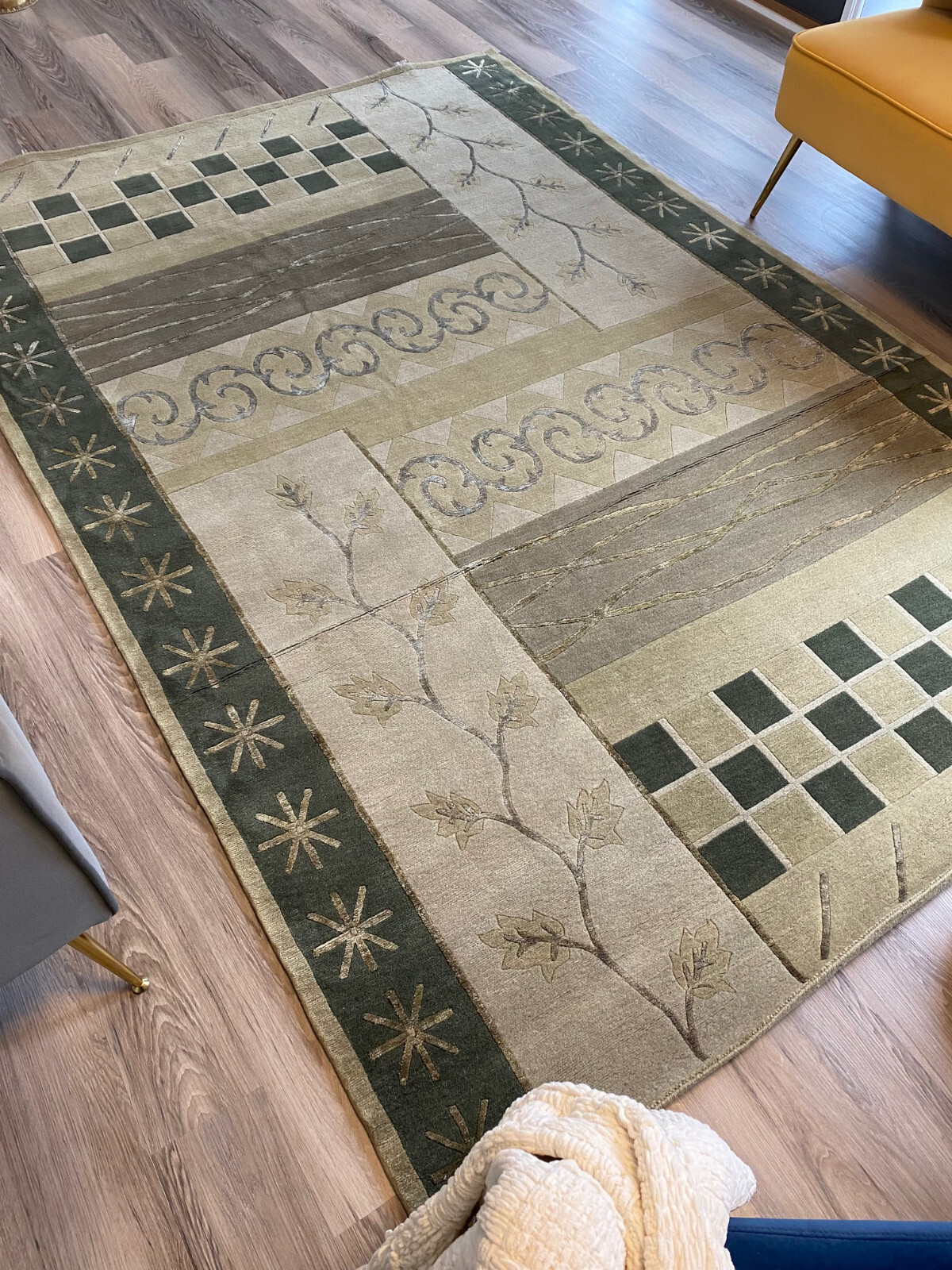1136 Gorgeous Green Color Wool & Silk Tibetan Area Rug 6′ X 9′ Handmade In Nepal