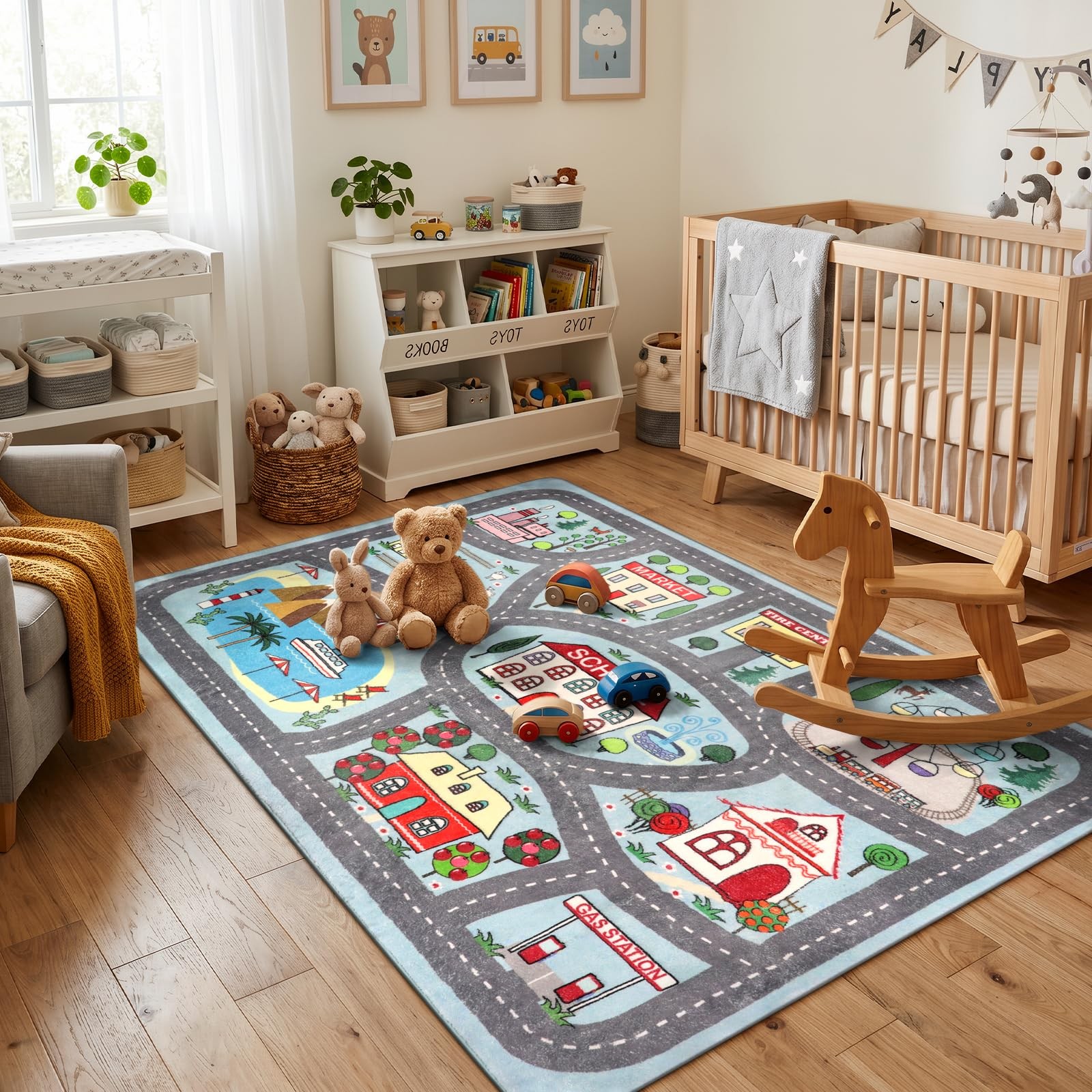 Large Playroom Rug 5’x7′ Kids Play Mat for Classroom, Road Traffic Carpet for…