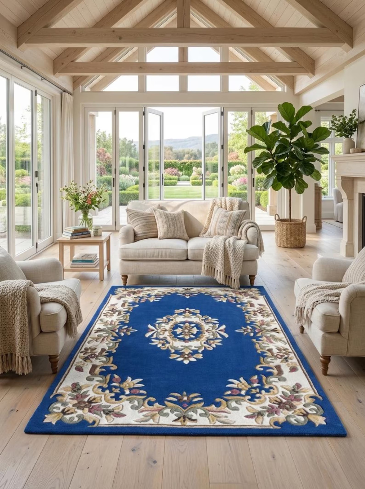 Classic Aubusson Wool Rug Traditional Floral Navy Blue Cream Hand Tufted Carpet