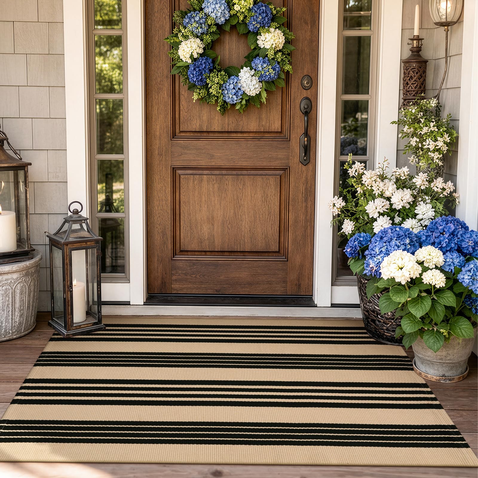 Front Door Mats 24″x51″, Black and Khaki Striped Layered Door Mats Outdoor,Ma…