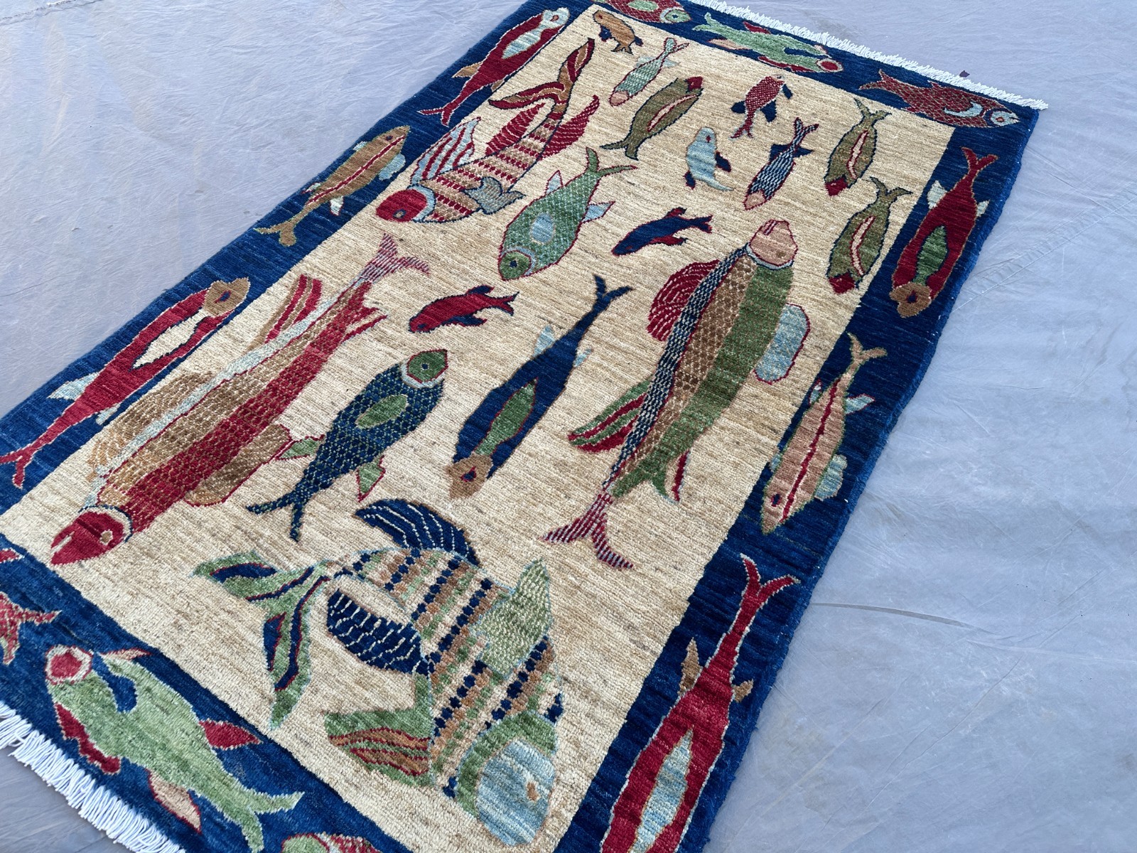 3×5 Afghan Fish Rug Hand Knotted Wool Oriental Oushak Pictorial Ocean Decor