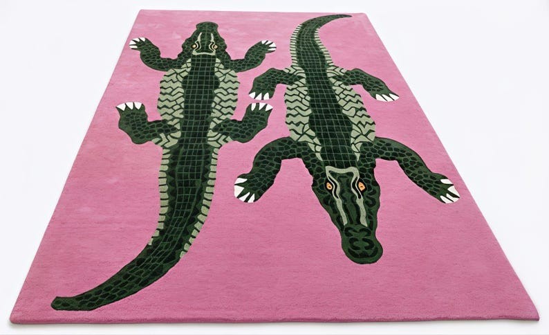 Hand Tufted Wool Animal Rug, Pink Crocodile Area Rug, Handmade Kids Room Carpet,