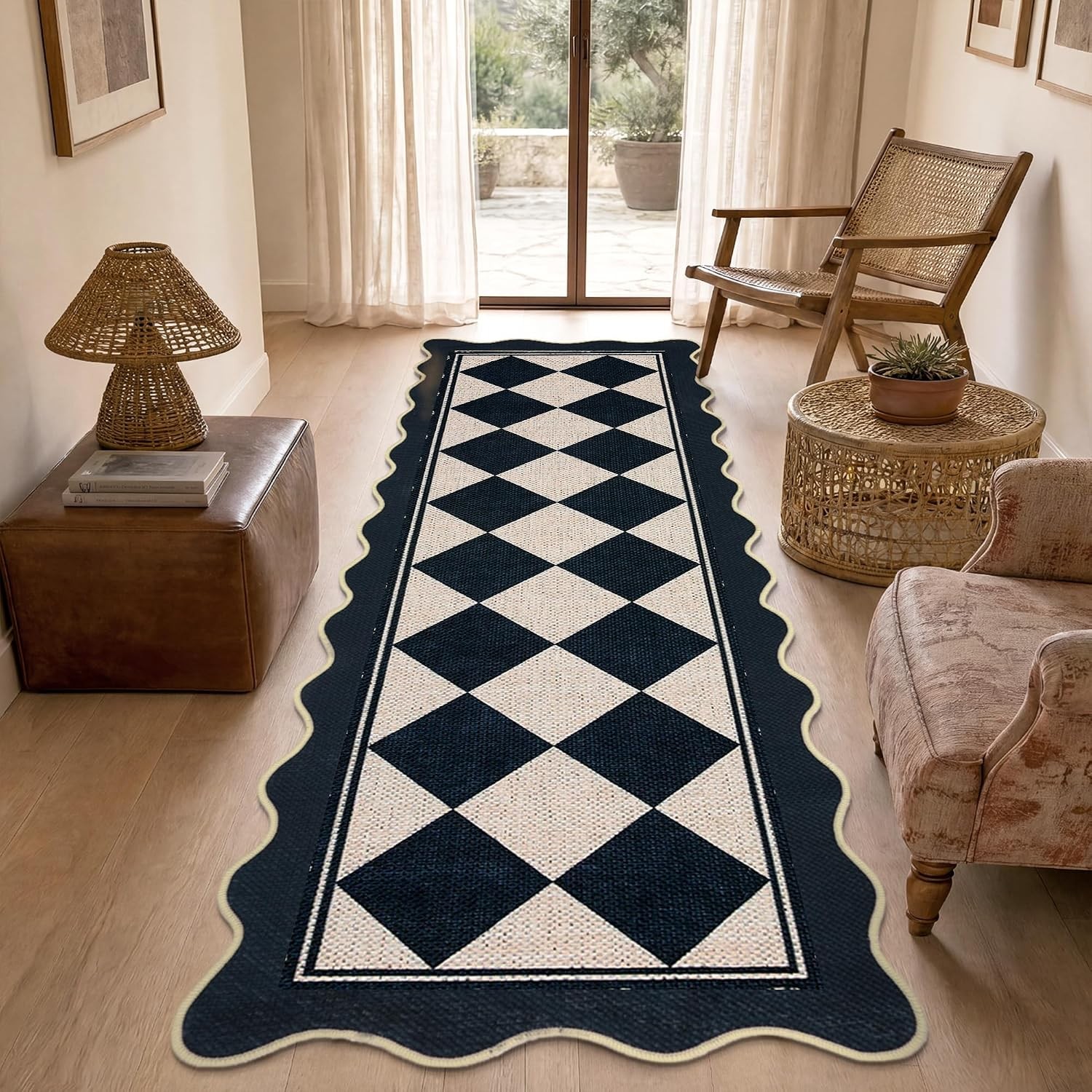 Scalloped Checkerboard Black White 5×7 Jute Washable Area Rug Living Room Patio