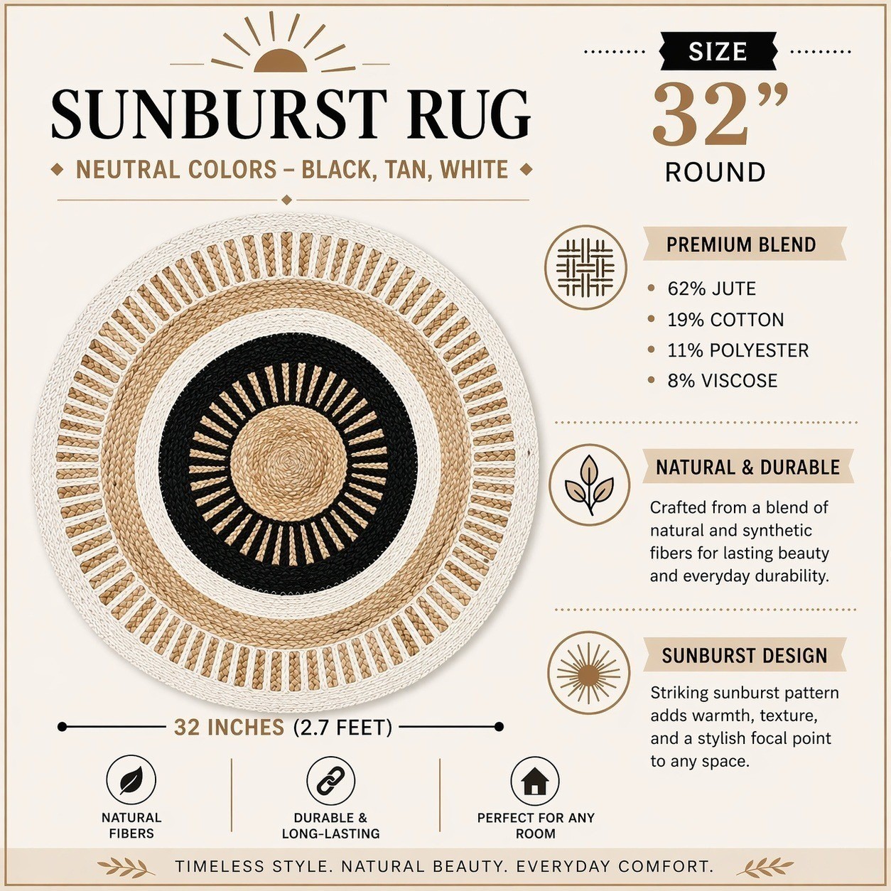 Boho Round Jute Blend Braided Area Rug 35 Inch Sunburst Neutral Cream Black Tan
