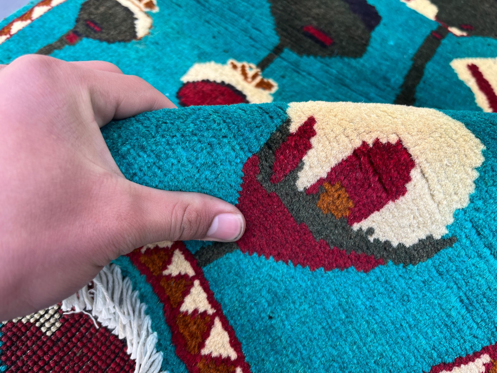 2’8 x 4 Ft Rare Afghan Opium Rug – Turquoise Field Tribal Pictorial Wool Carpet