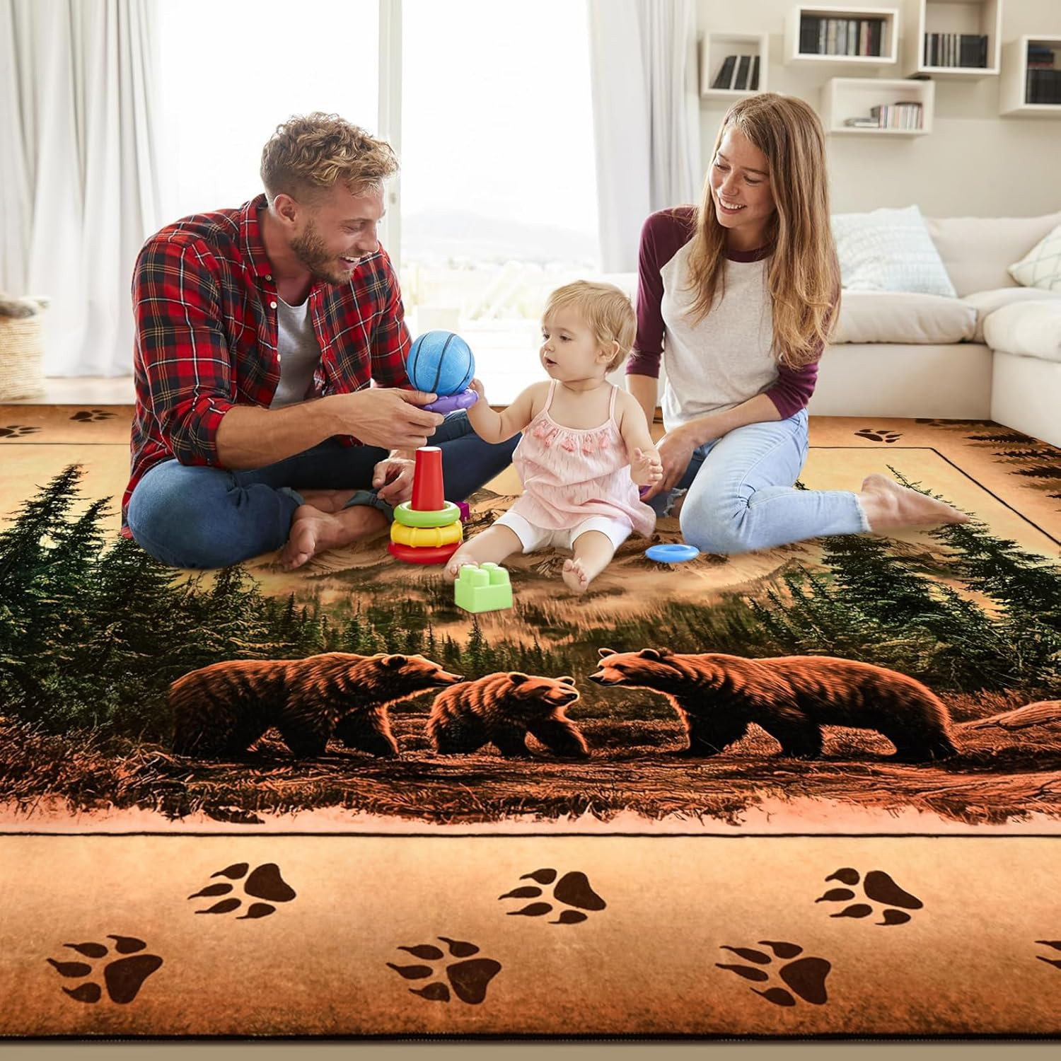 Rustic Farmhouse Area Rug 8×10, Washable Non-Slip Wildlife Decor