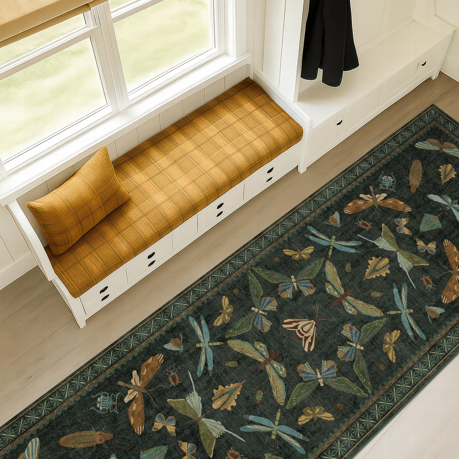 8 Ft Long Hallway Runner Rug – Boho Green Rug for Kitchen Floor, Entrance Indoor