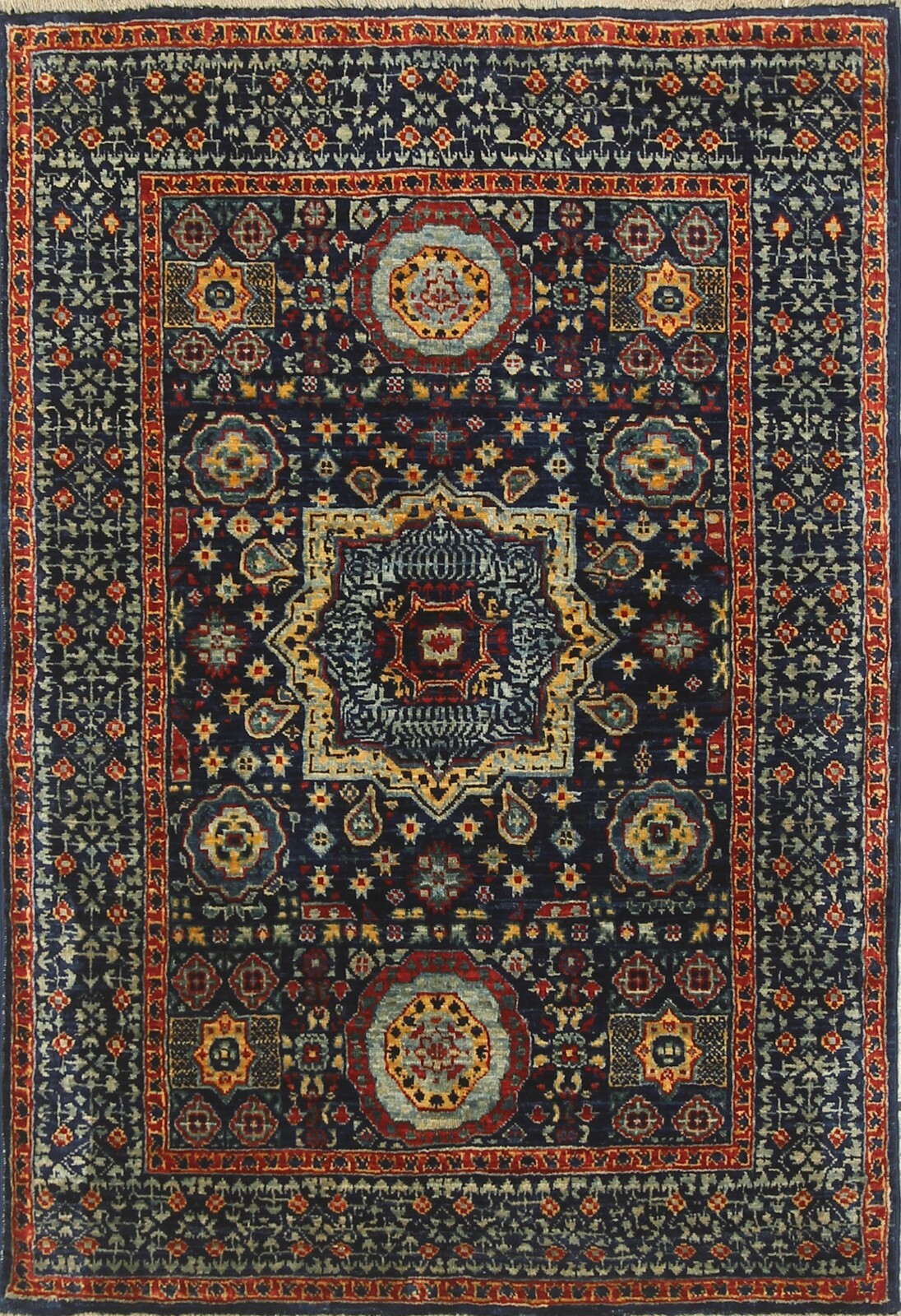 3 x 4 ft Navy Blue Mamluk Afghan Hand Knotted Wool Medallion Small Area Rug