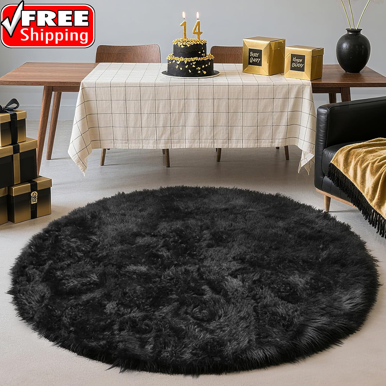 Black Fluffy round Area Rugs for Bedroom,3’X3’Shag Circle Area Rugs for Living R