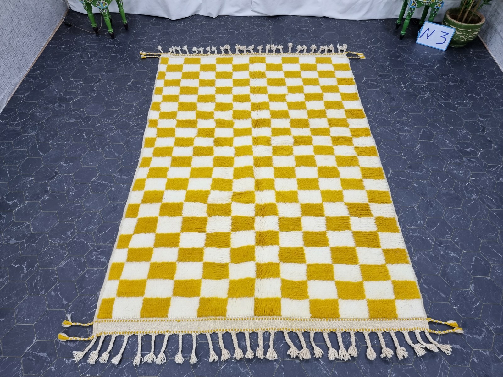 Handmade Moroccan Beni Ourain Rug 5’2″x7’7″ Checked Berber White Yellow Carpet
