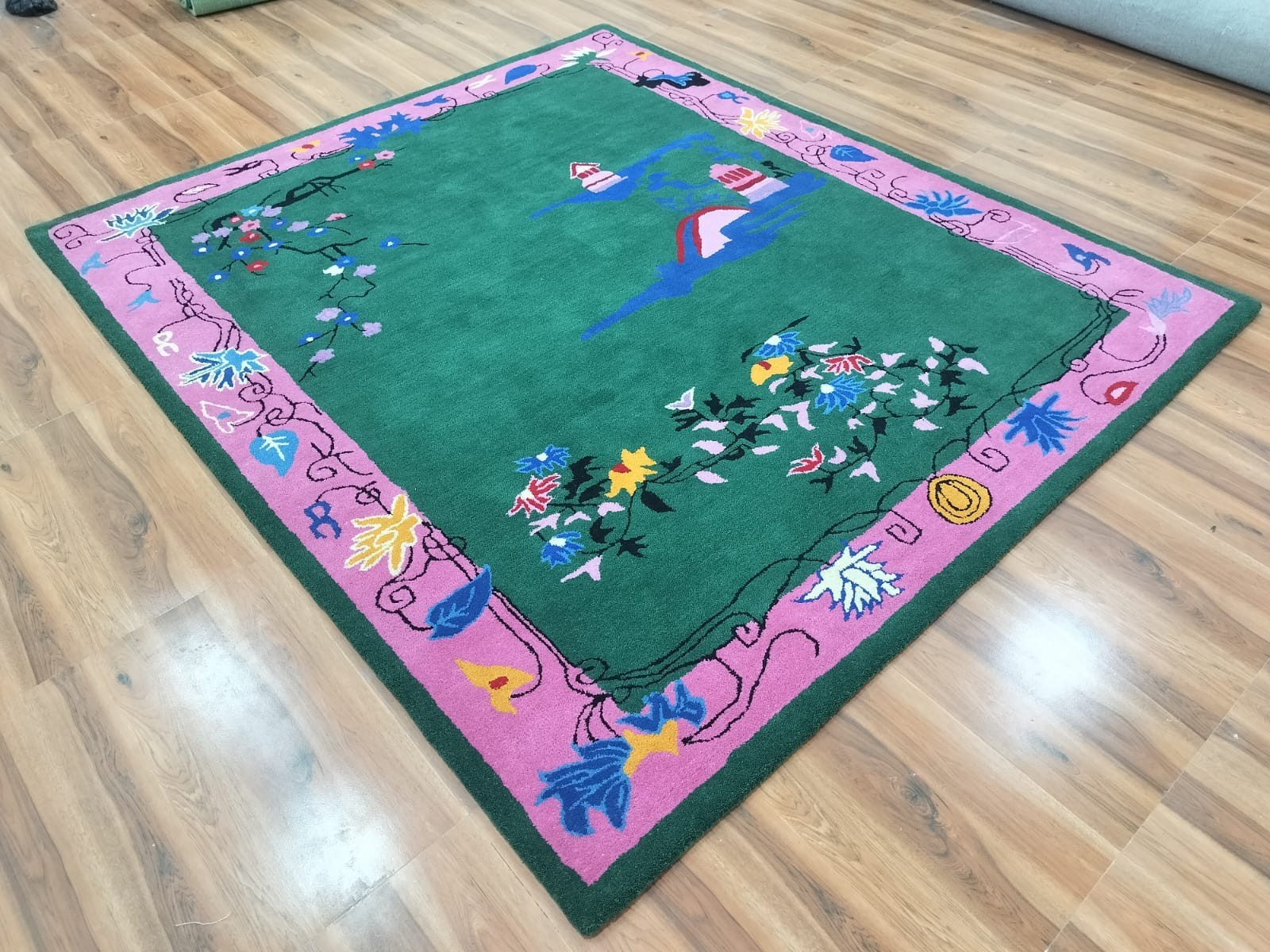 Green Hand Tufted Pictorial Area Rug Multi Sizes Chinese Art Deco Carpet