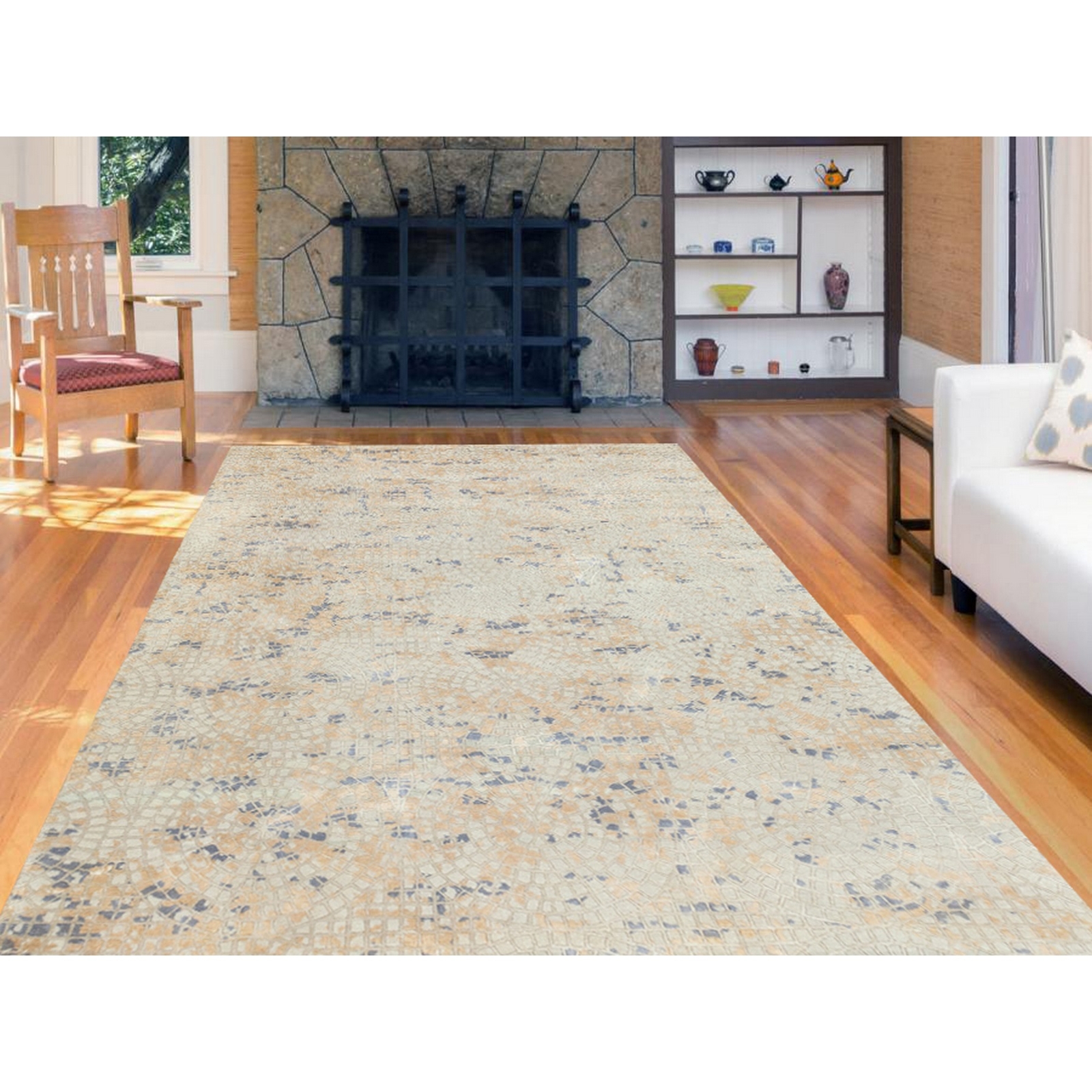 5’10” x 9′ Gray Wool and Pure Silk Mosaic Design Hand Knotted Modern Rug R58645