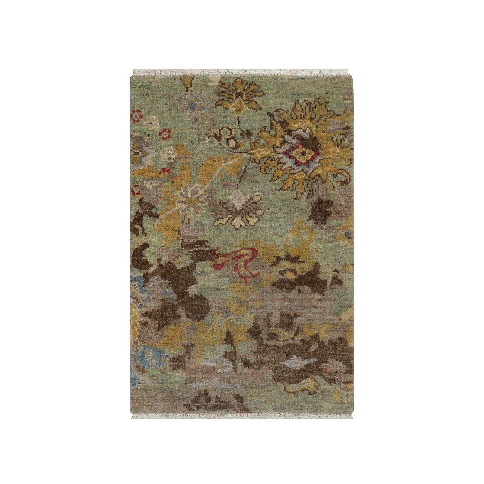 2’x3′ Green Hand Knotted Borderless Oushak with Leaf Pattern Wool Mat Rug 92321
