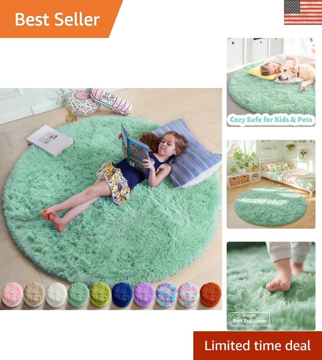 Comfortable Sage Green 4ft Round Rug for Bedrooms & Playrooms – Shag Style