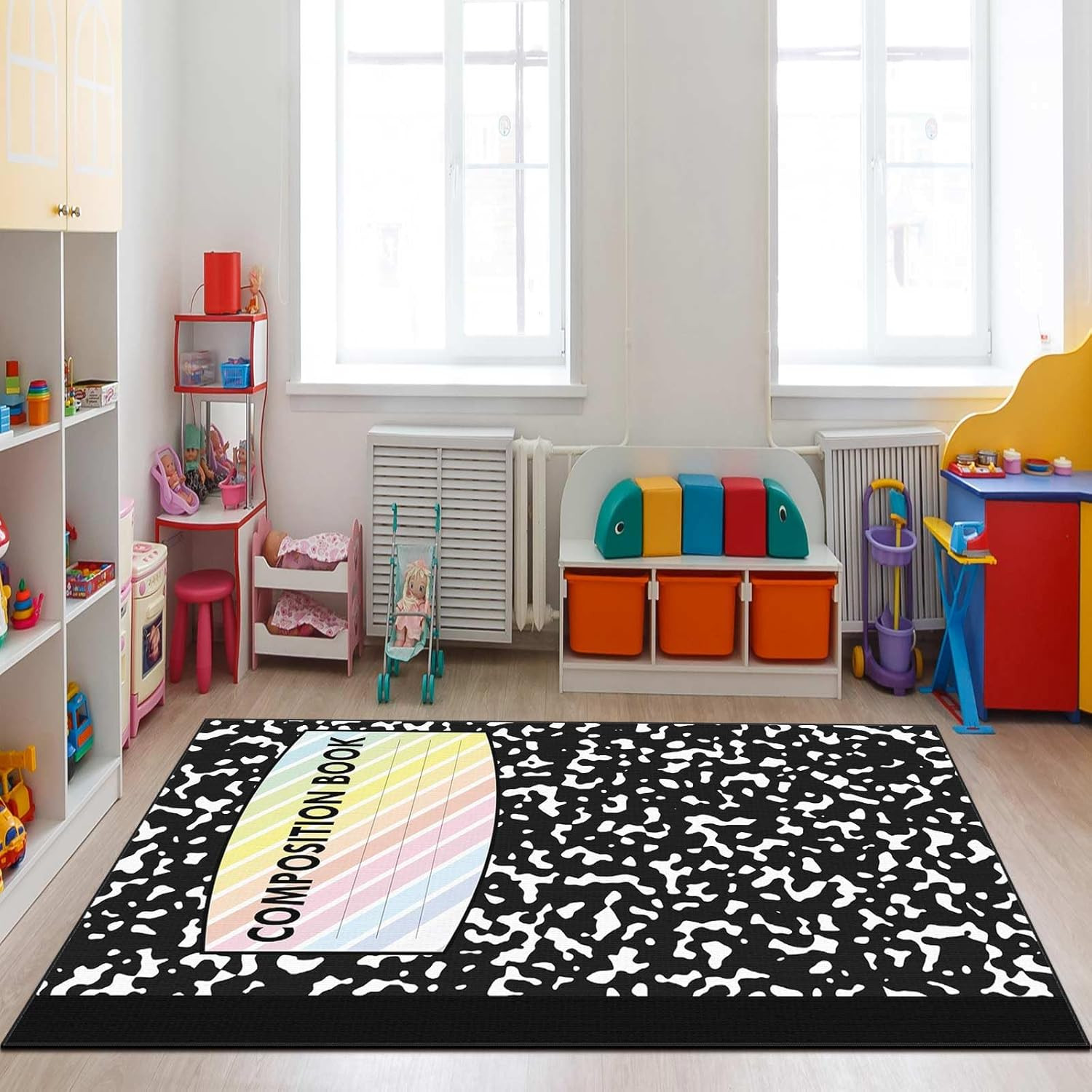 Large 5×7.5 Ft Composition Book Rug – Non-Slip Classroom & Playroom Carpet