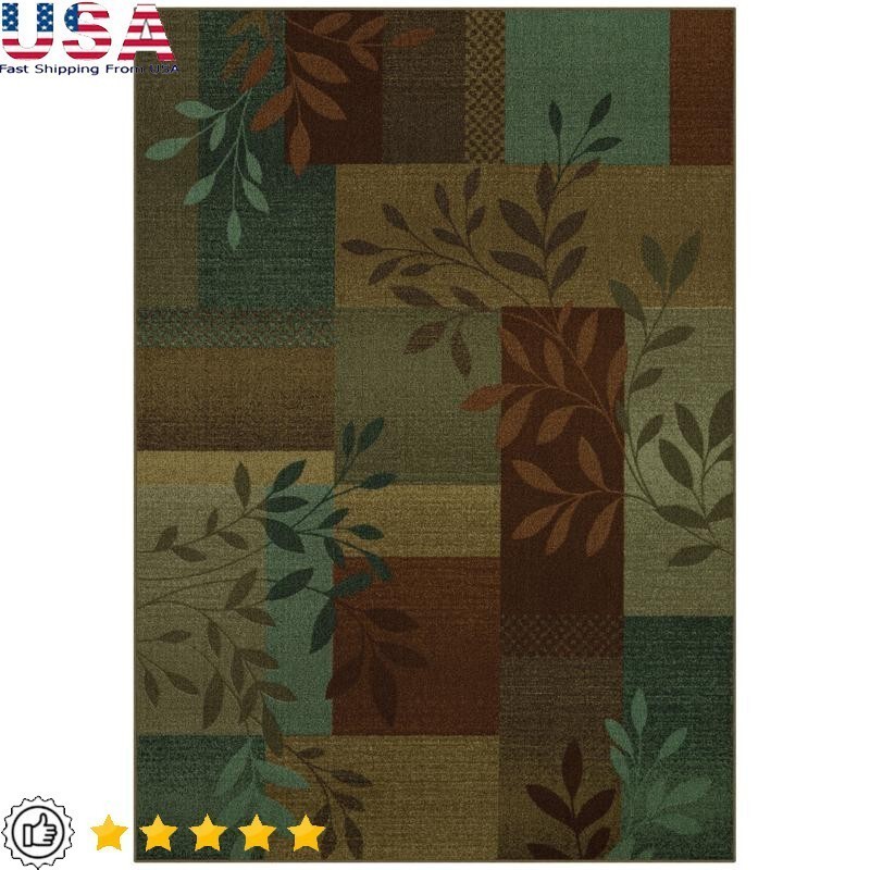Indoor Area Rug Leaf Block Pattern Stain Resistant Non-Slip Backing 5ft x 7ft US