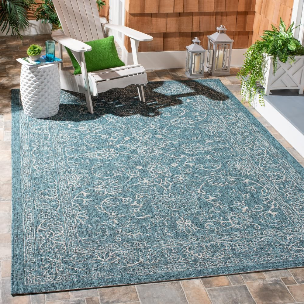 Turquoise Washable Outdoor Rug 6’7″ x 9’6″ – Non-Shedding & Easy Clean