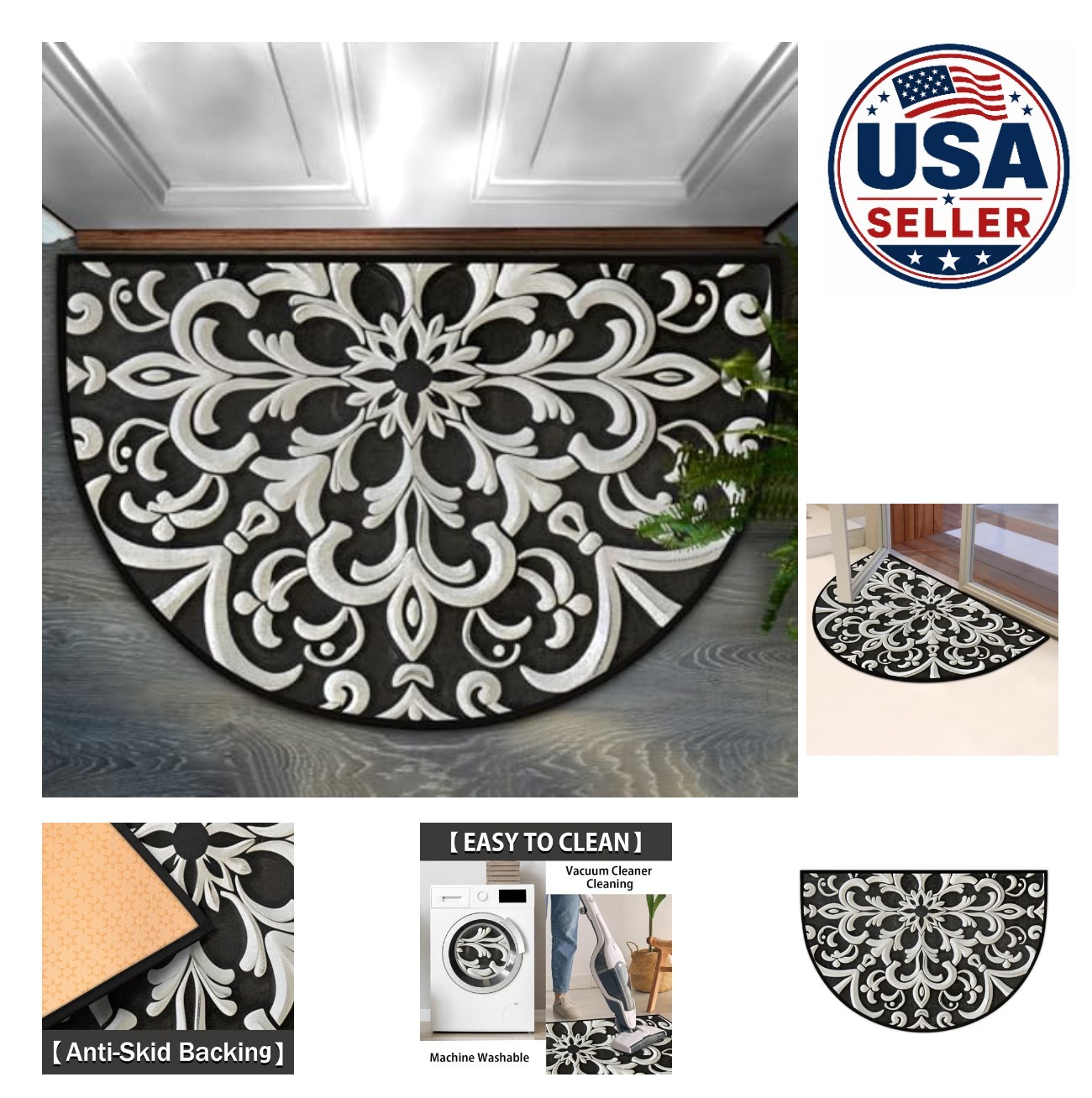 Boho Half Moon Door Mat 36×24 Inch Mandala Pattern Non Slip Semi Circle Rug