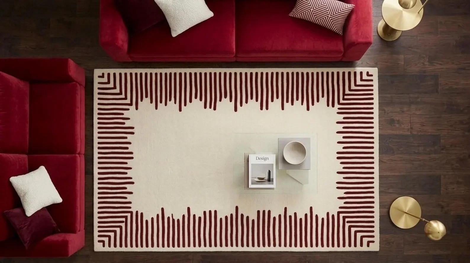 Hand Tufted Wool Rug – Minimalist Red Linear Border Cream Design Carpet Area Rug