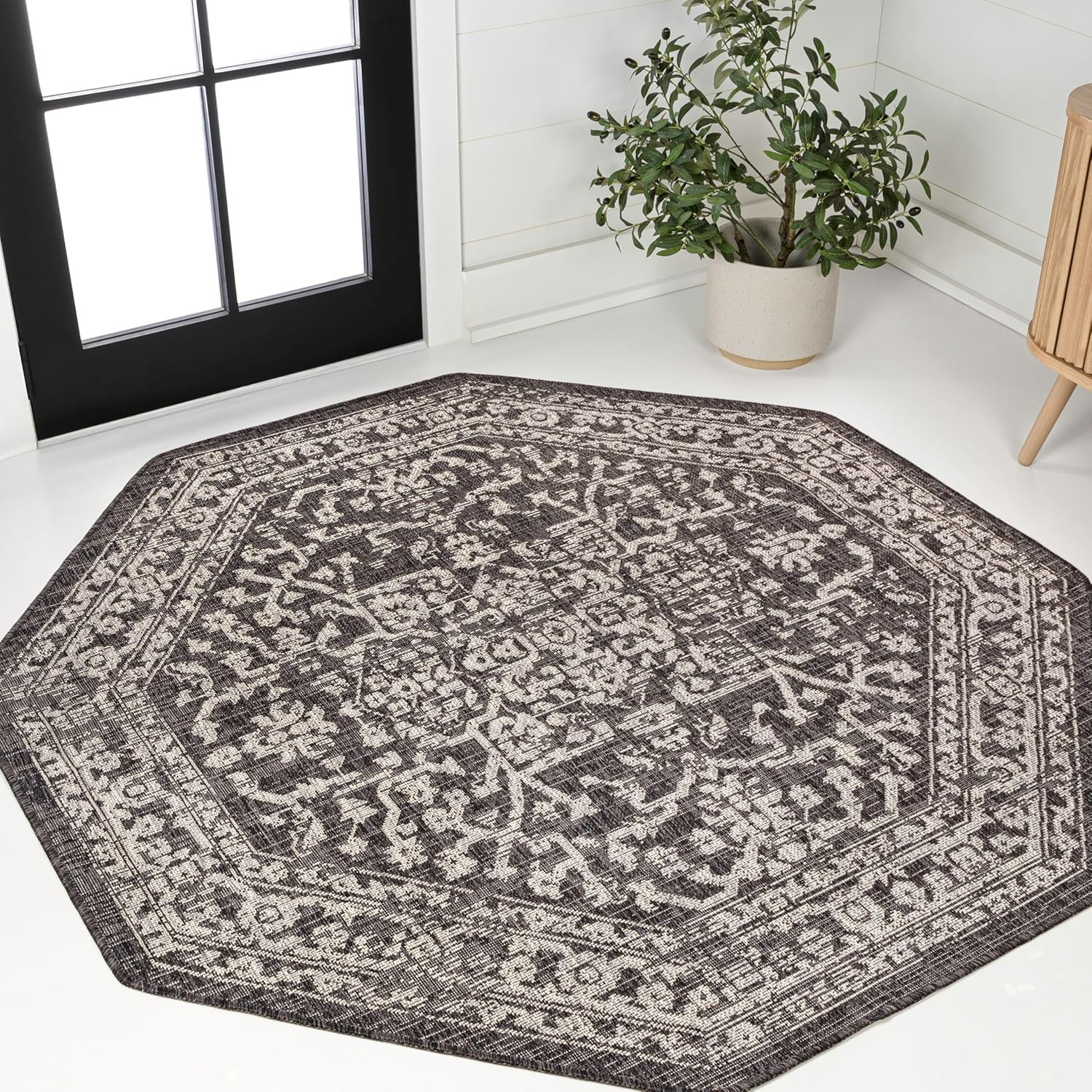 Boho Medallion 8ft Octagon Area Rug – Black/Gray, Pet-Friendly, Easy-Clean