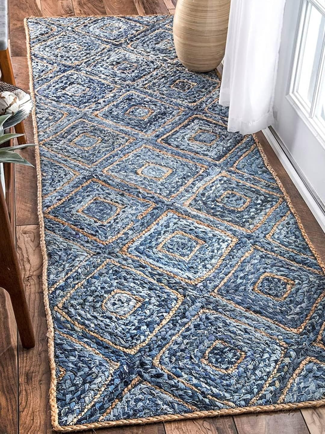 Denim & Jute Area Rug Handmade Denim Box Design Boho Home Carpet