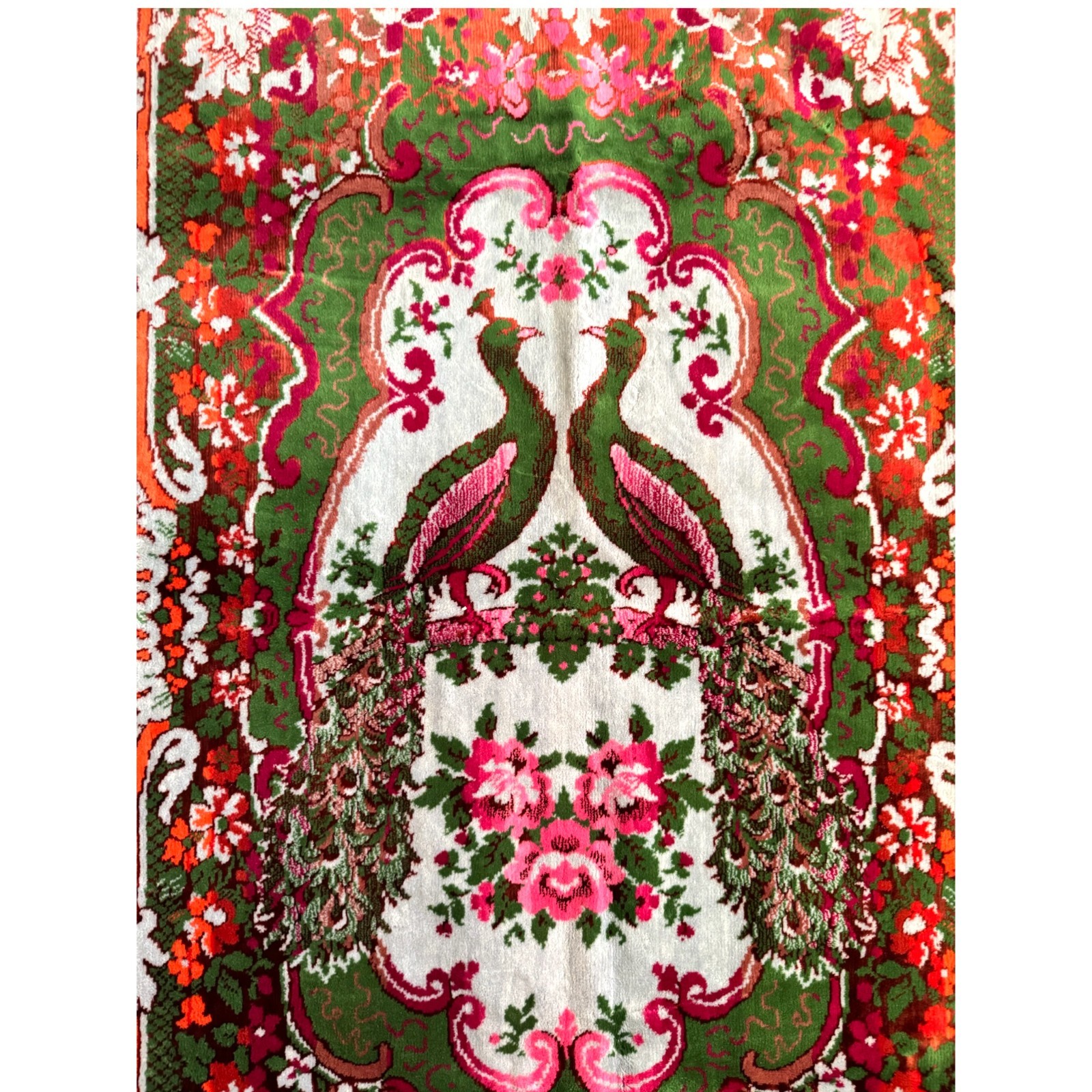 Vintage Silk Shimmer Wall Rug Twin Peacocks Floral Motif Boho Fringe Tapestry