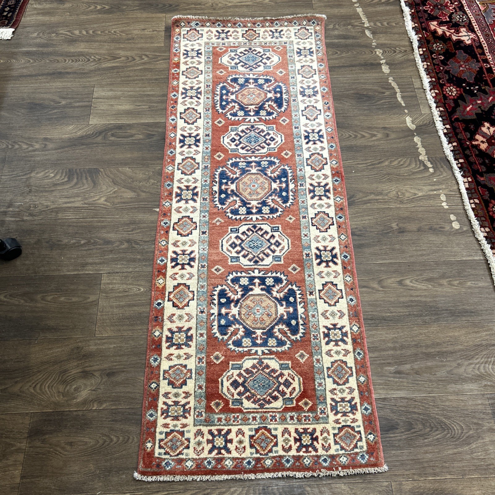 2 x 6 ft Rust Navy Blue Geometric Hand Knotted Oriental Rug Short Runner Wool