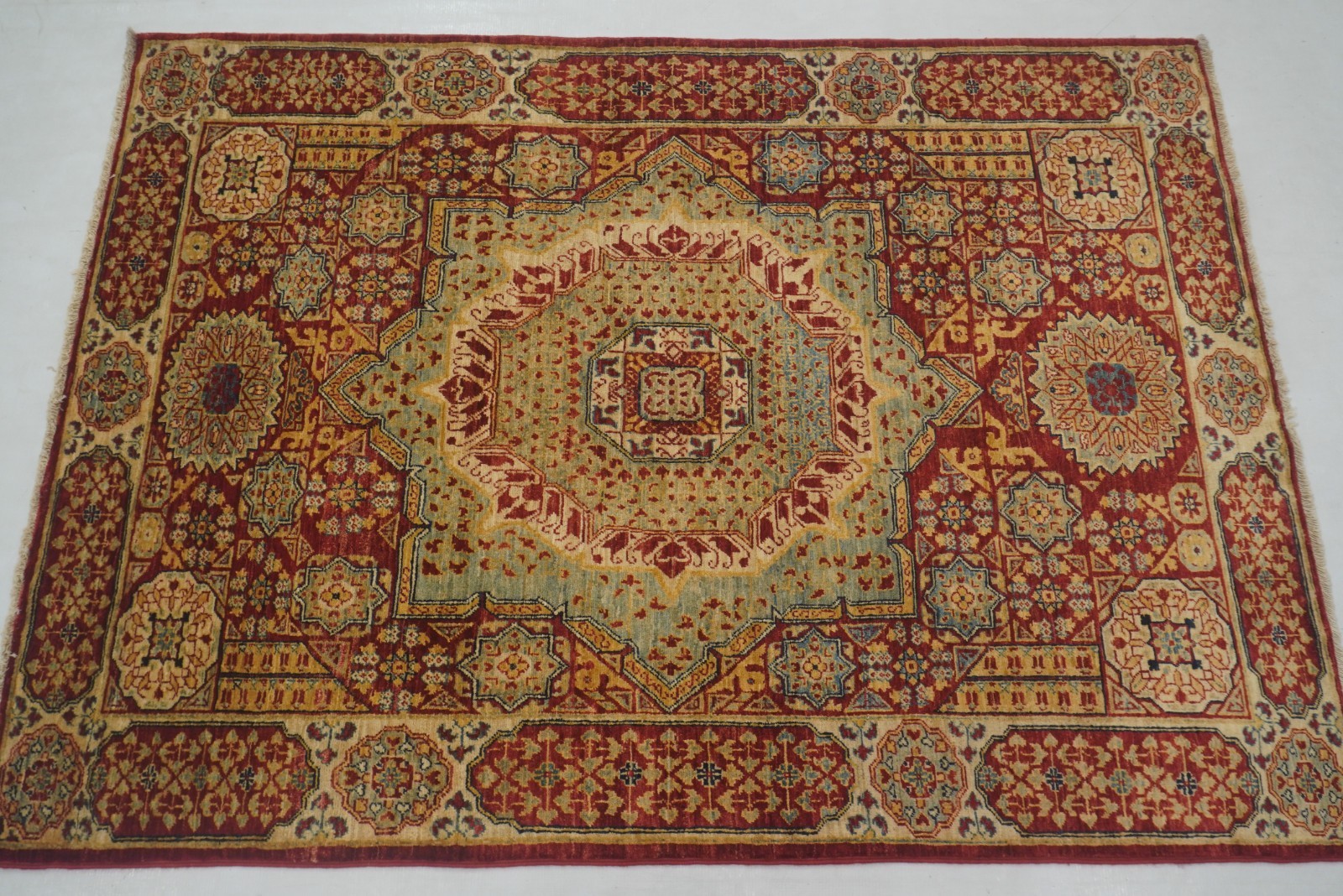 4×5 ft Red Mamluk Afghan Hand Knotted Wool Medallion Area Rug