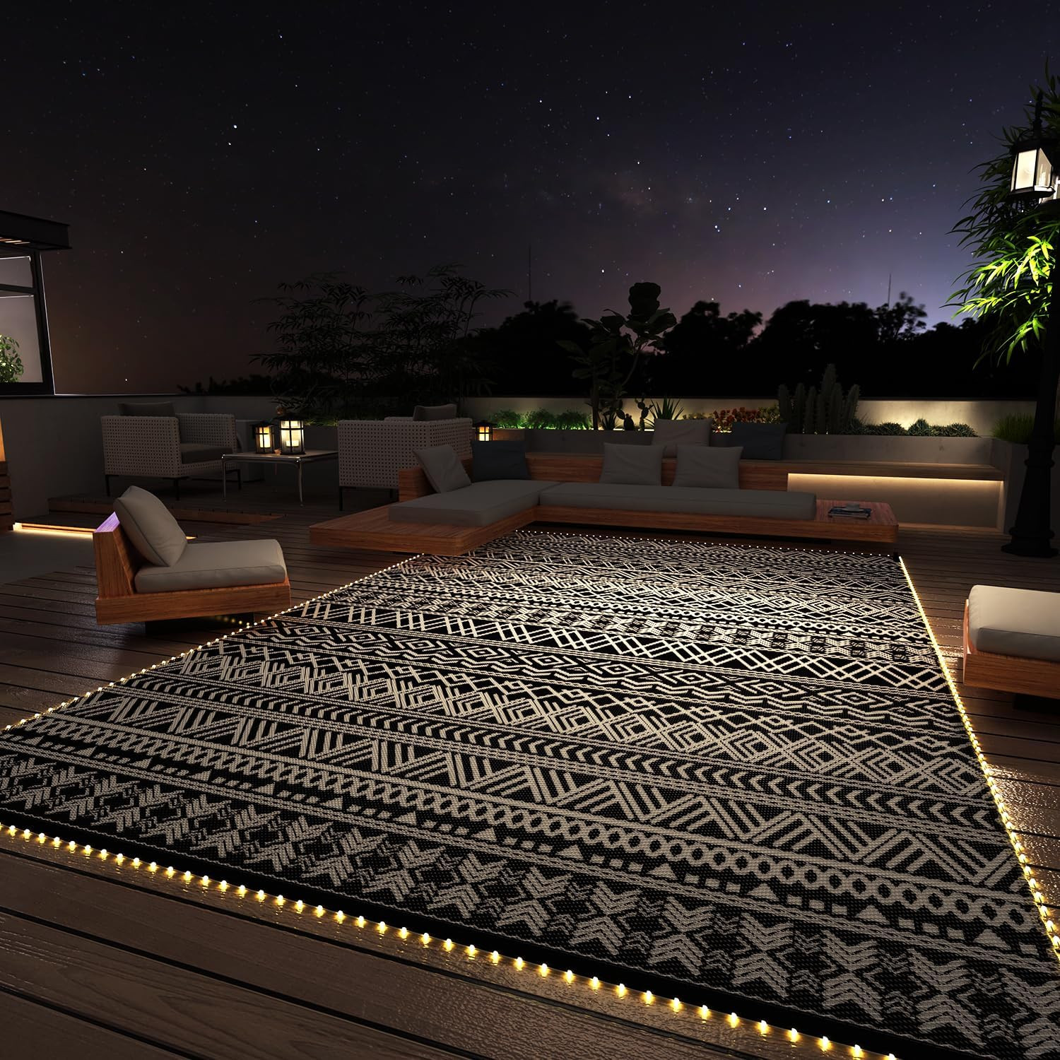 MontVoo-Outdoor Rug Carpet 9×12 ft for Patio RV ft, Grey+strip Lights