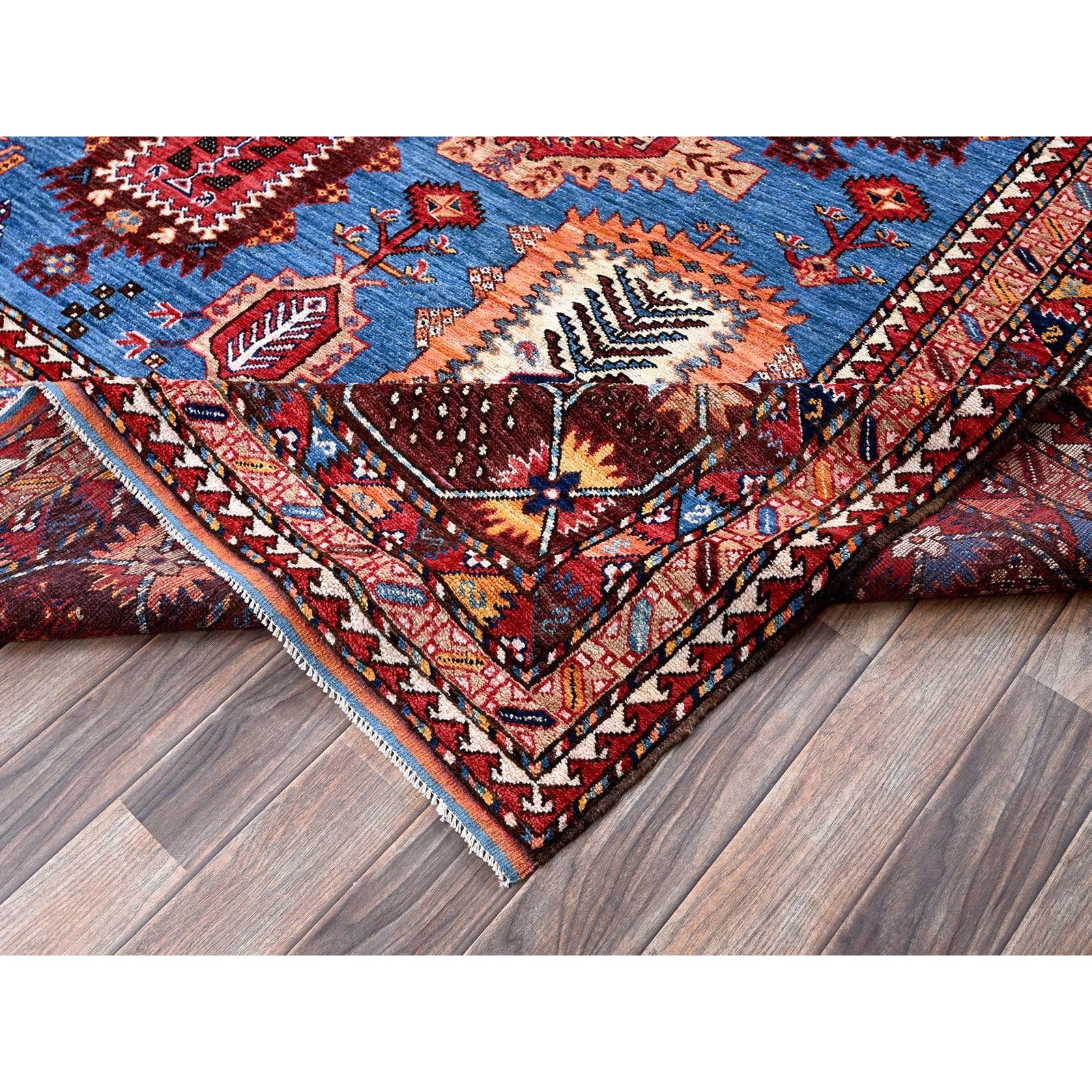 10’1″x13’4″ Blue Afghan Caucasian Design Revival Hand Knotted Soft Wool Rug R563