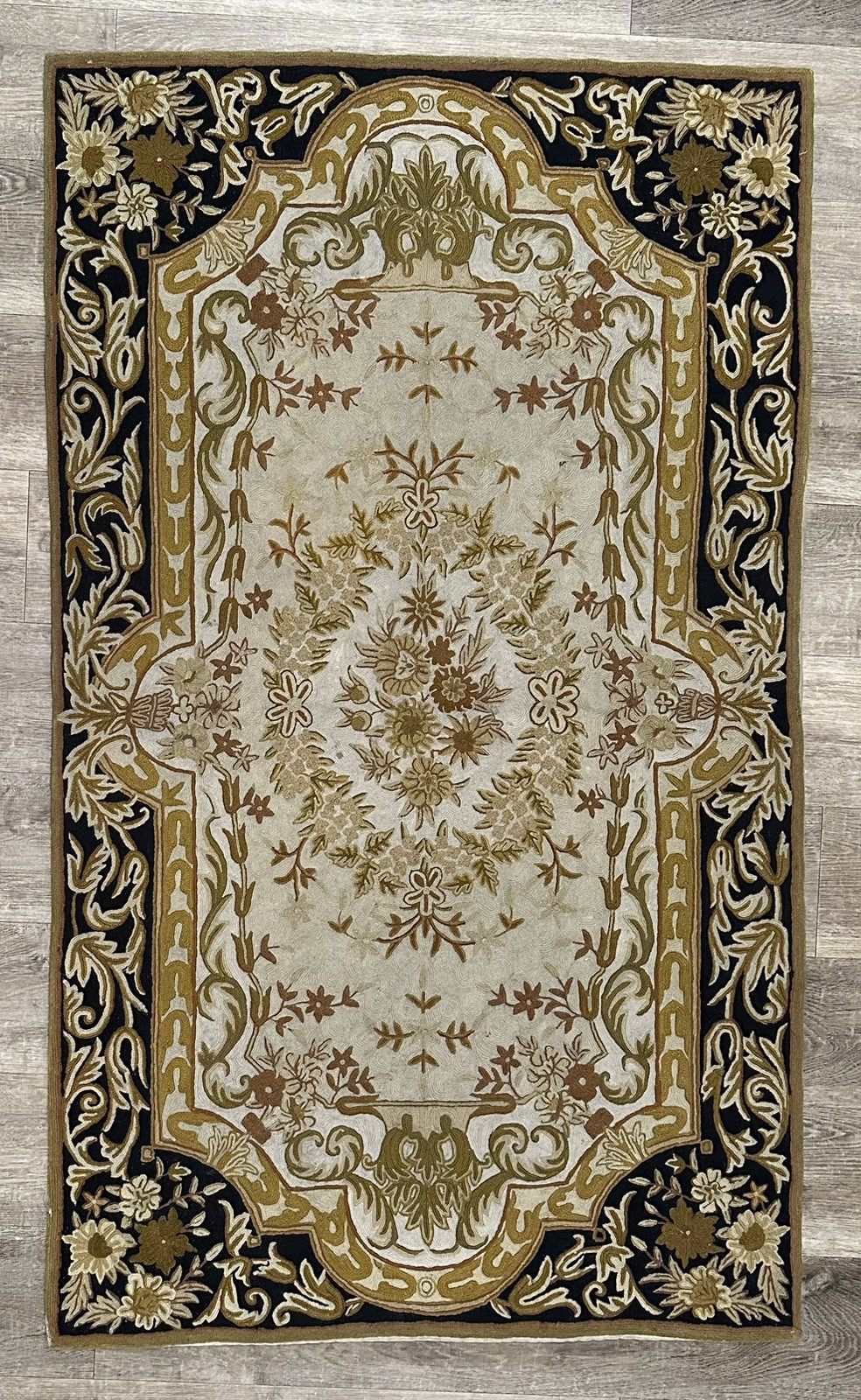 rug made in kashmir, 100% wool, gold/black/brown/ivory, 3’x5′, chain stitch