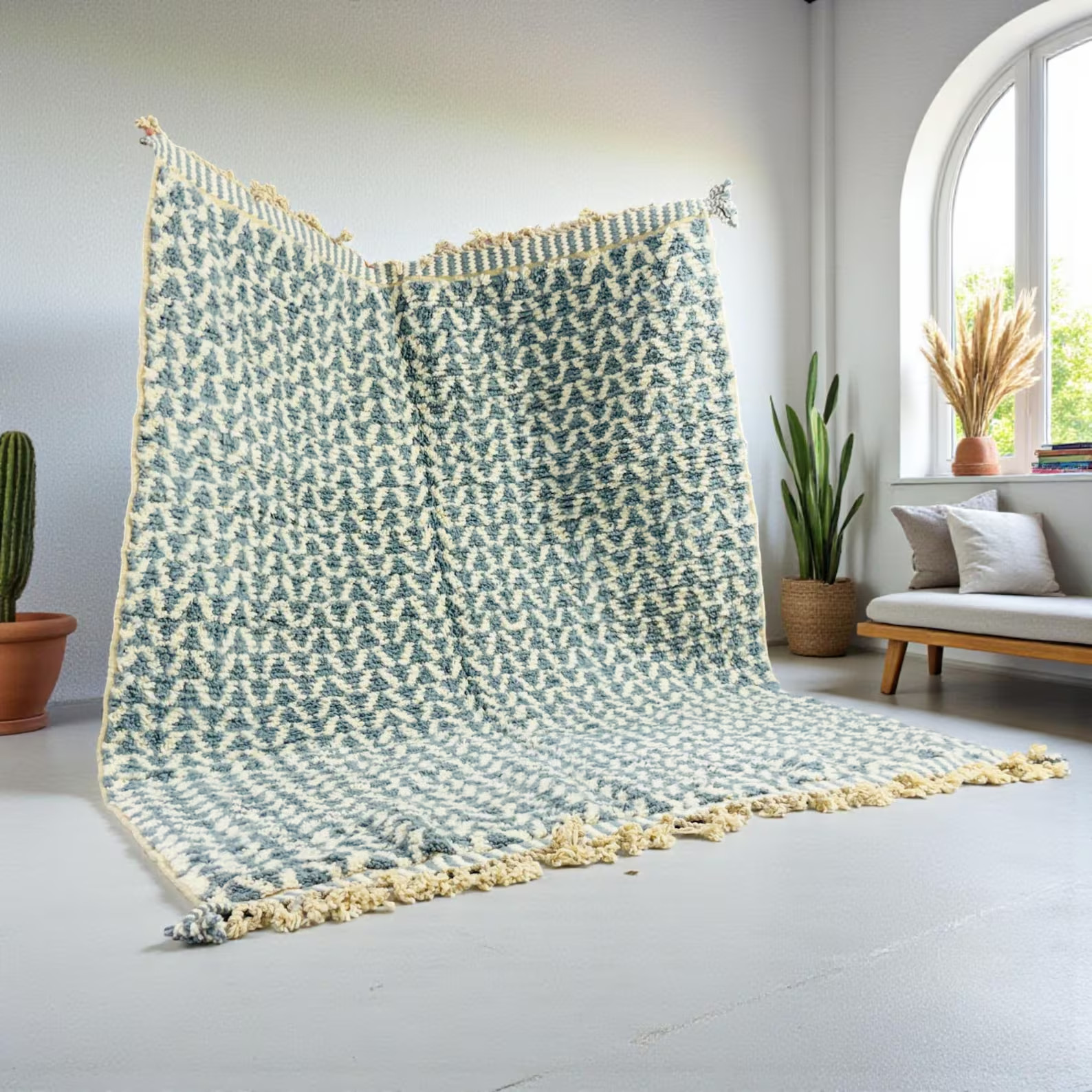 Light Blue Moroccan Rug – Handmade Wool Carpet, Indian Teal Geometric Area Rug,