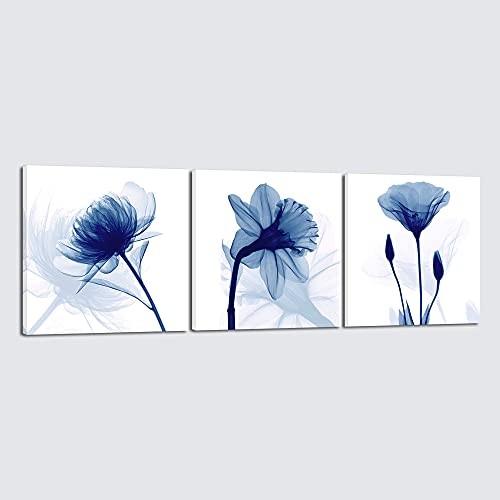 Blue Flowers 3 Panels Canvas Print Wall Art Modern Pictures 24x24inchx3pcs
