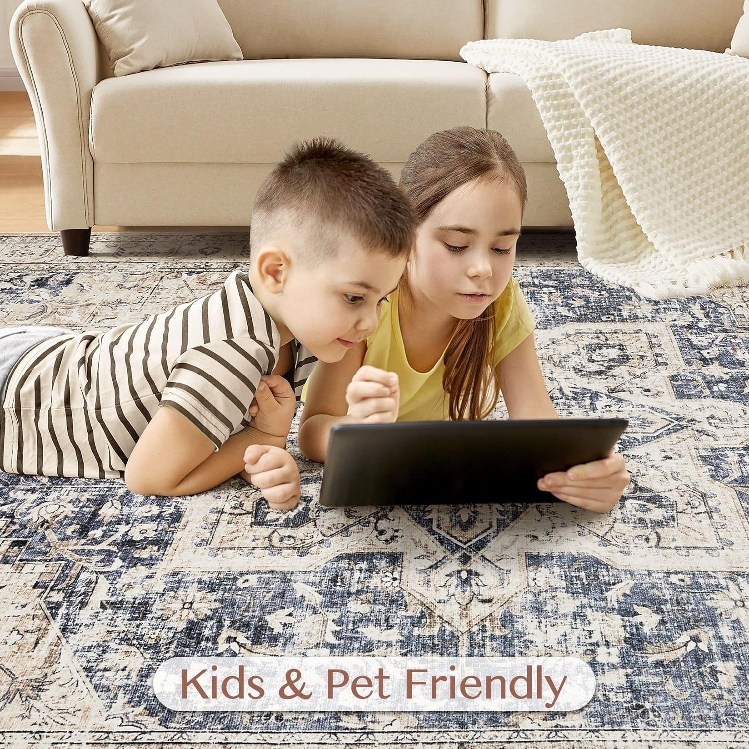 Area Rug Living Room Rugs – 9×12 Washable Boho Rug Vintage Oriental Distresse…