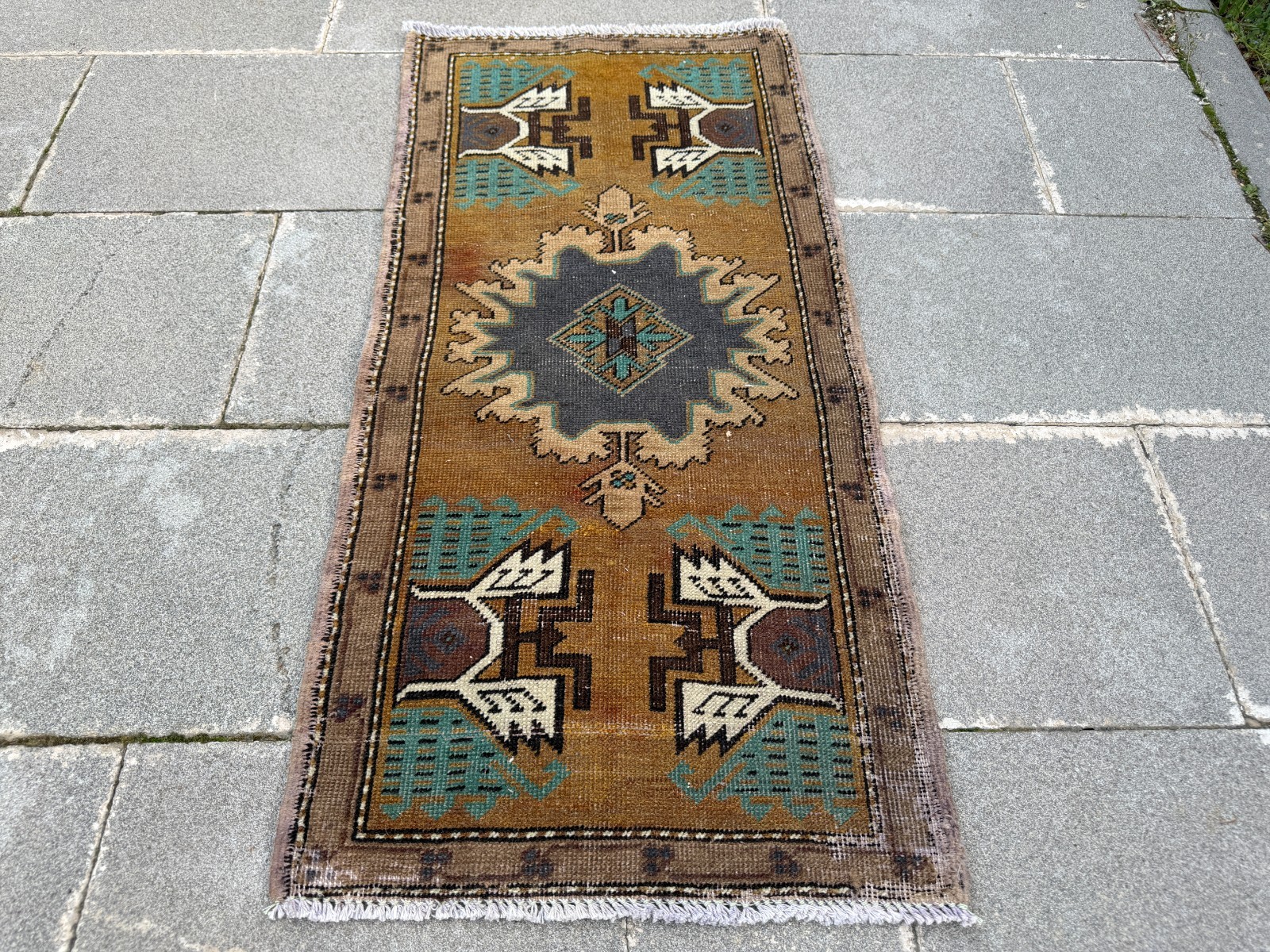 Vintage Turkish Rug 1.7×3.6 ft Tobacco Brown Charcoal Boho Accent Rug