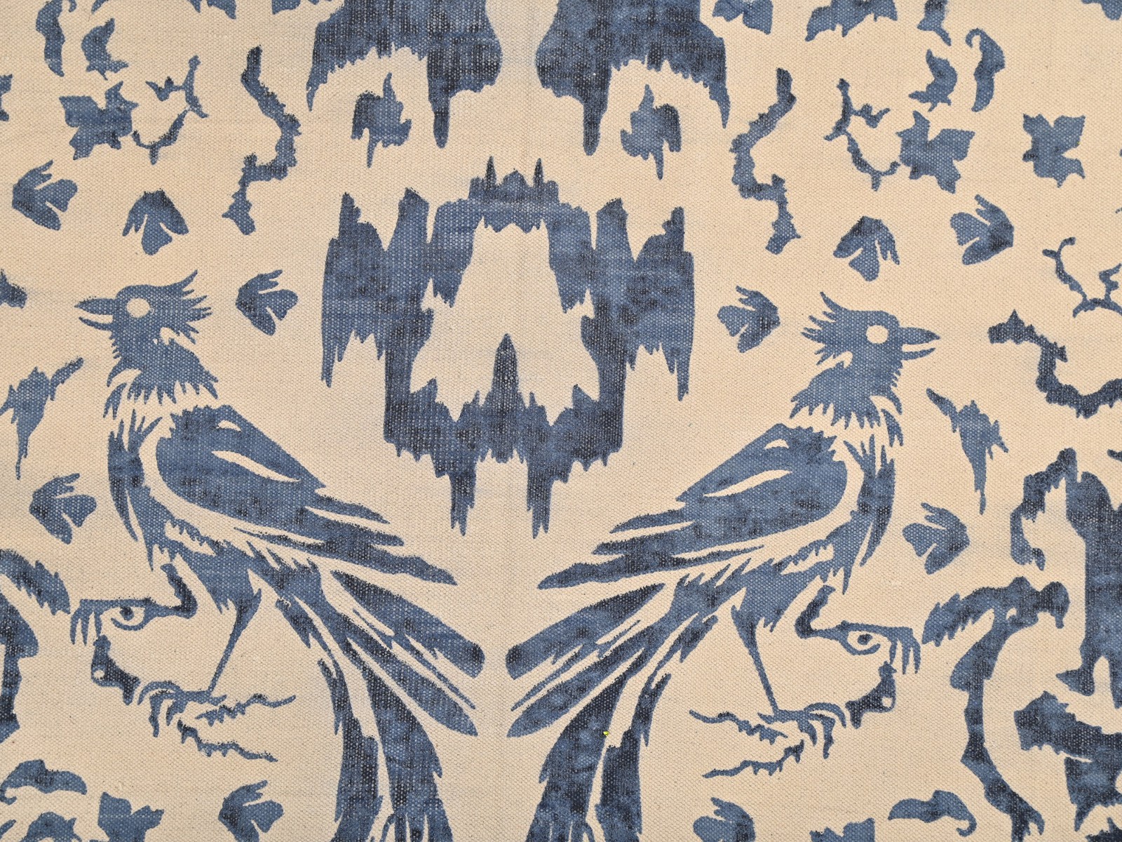 Hand Block Printed Cotton Area Rug Blue Bird Boho Farmhouse Fringe Carpet 4×6