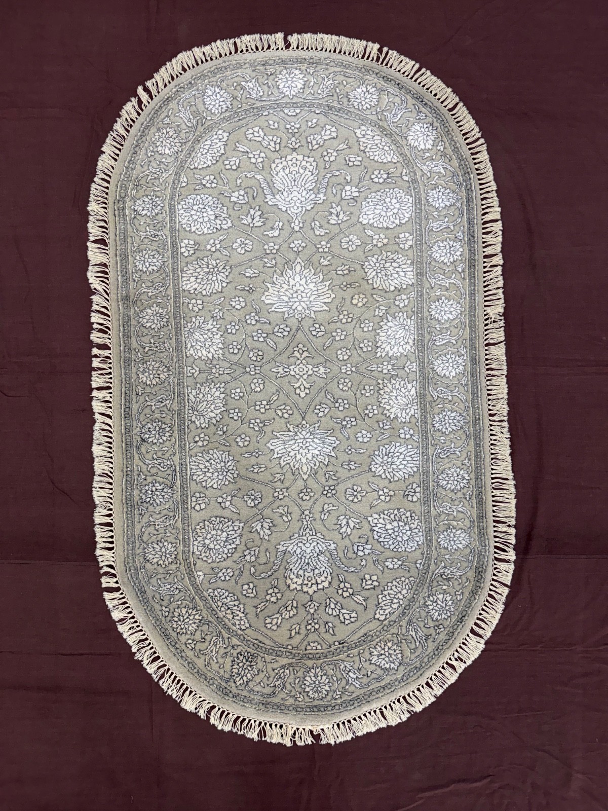 Vintage Hand Knotted Wool Rug Oval Grey Classical Allover Bedside Rug 70×140