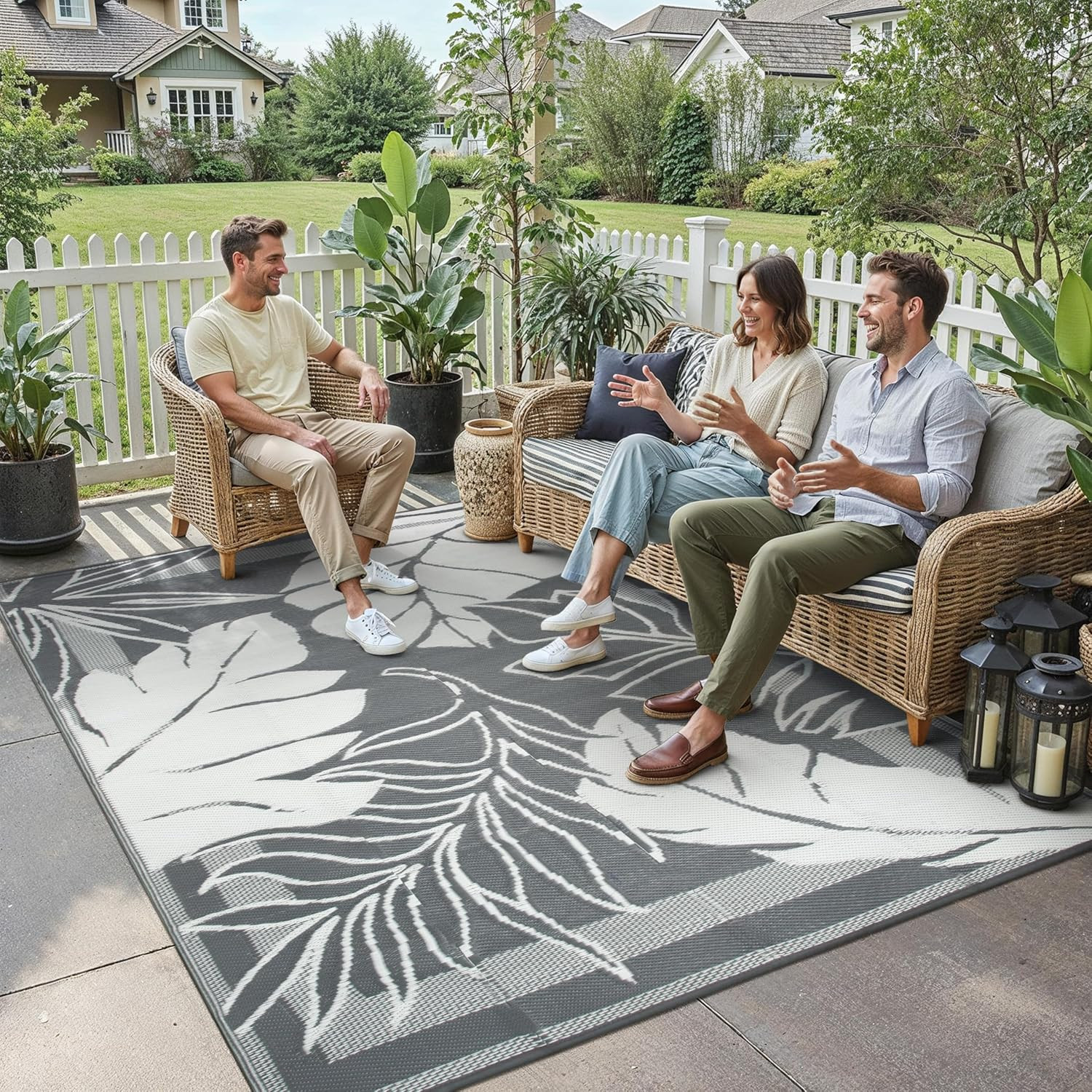 8’X10′ Waterproof Outdoor Rug – Grey Reversible Olive Leaf Mat for Any Occasion