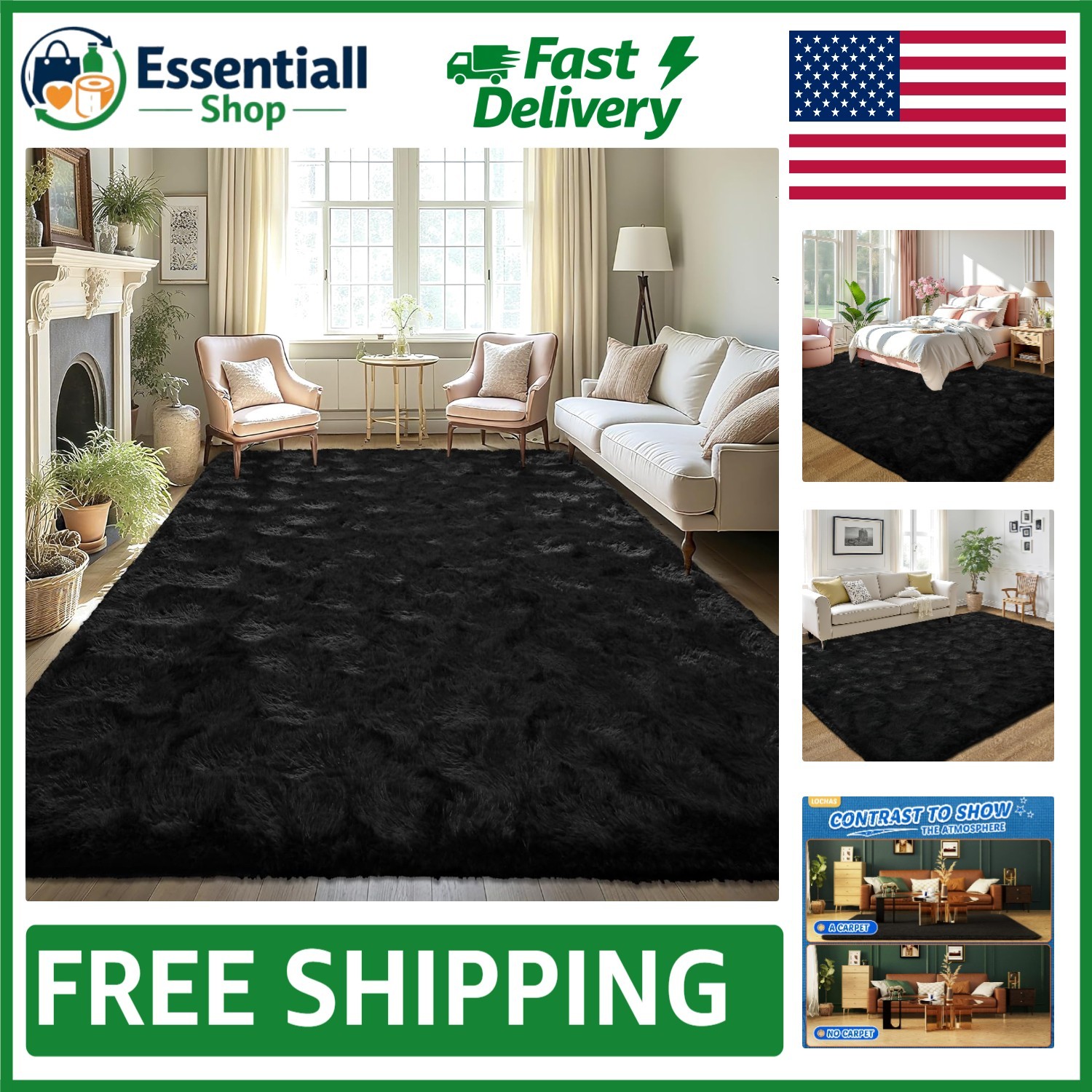 1.67-Inch Pile Black Area Rug – Luxurious Indoor Carpet for Kids & Living Rooms