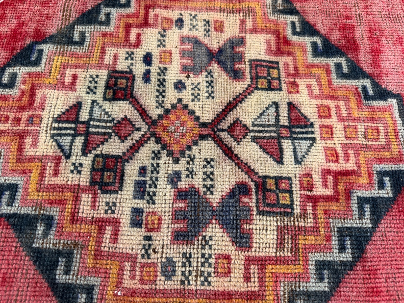 1980s Geometric Turkish Vintage Rug, Distressed Handmade Anatolian Wool Area 4×6