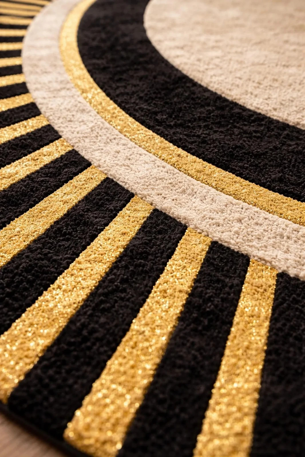 Black gold round rug hand tufted wool art deco rug modern geometric sunburst rug