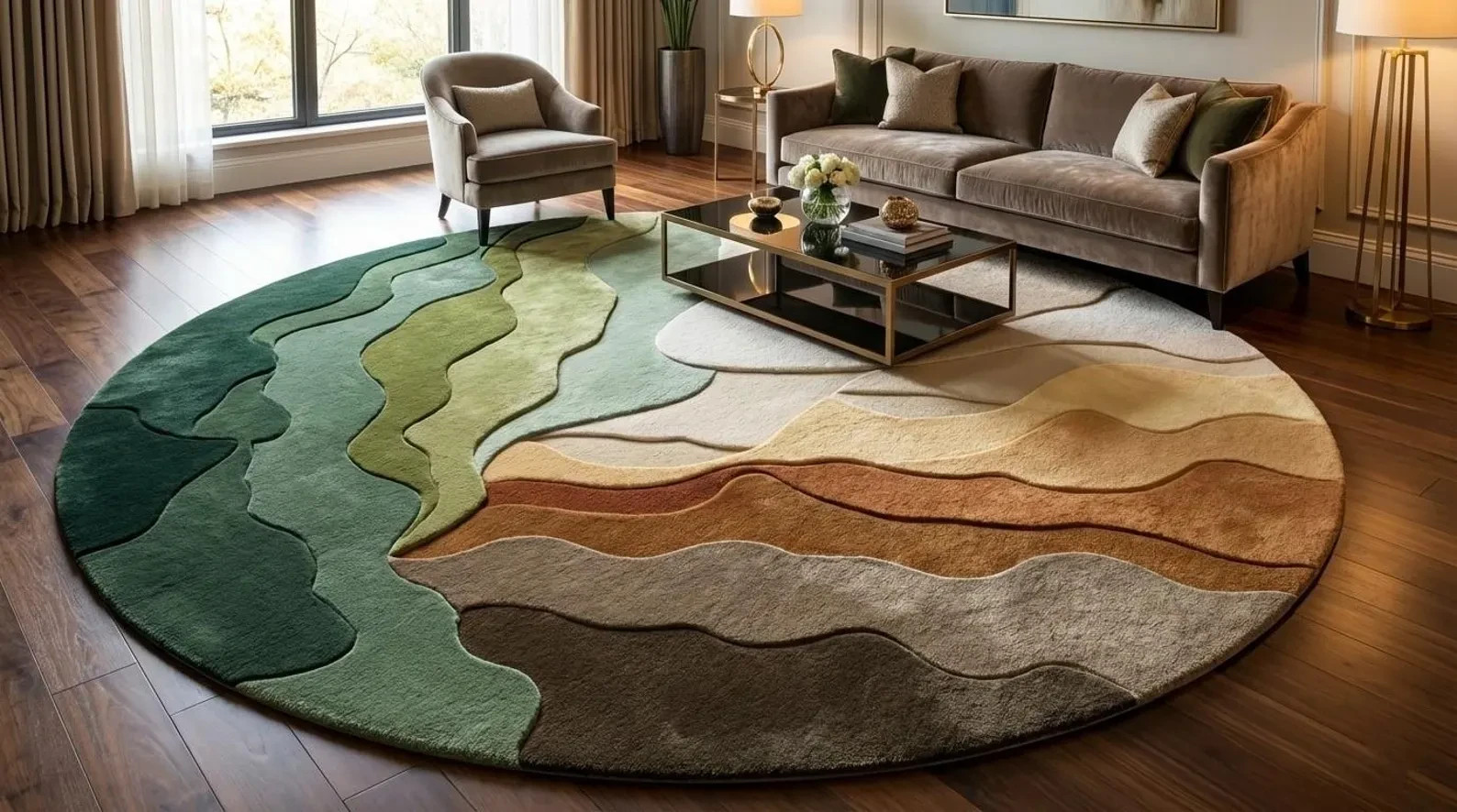 Round Green Moss Rug, Tufted Wool Earth Tone Carpet, Abstract Topographic Circle