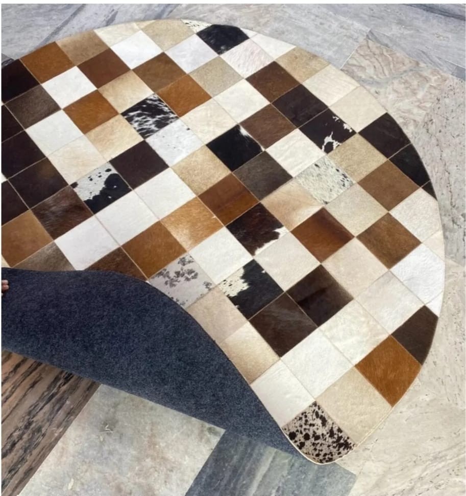Genuine Cowhide Patchwork Rug Brown Beige Black Leather Area Rug Handmade