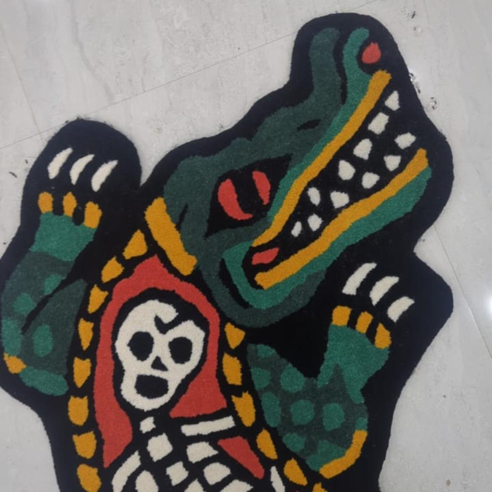 Crocodile Tattoo Rug Custom Hand-Tufted Area Carpet with Skull Gothic Design