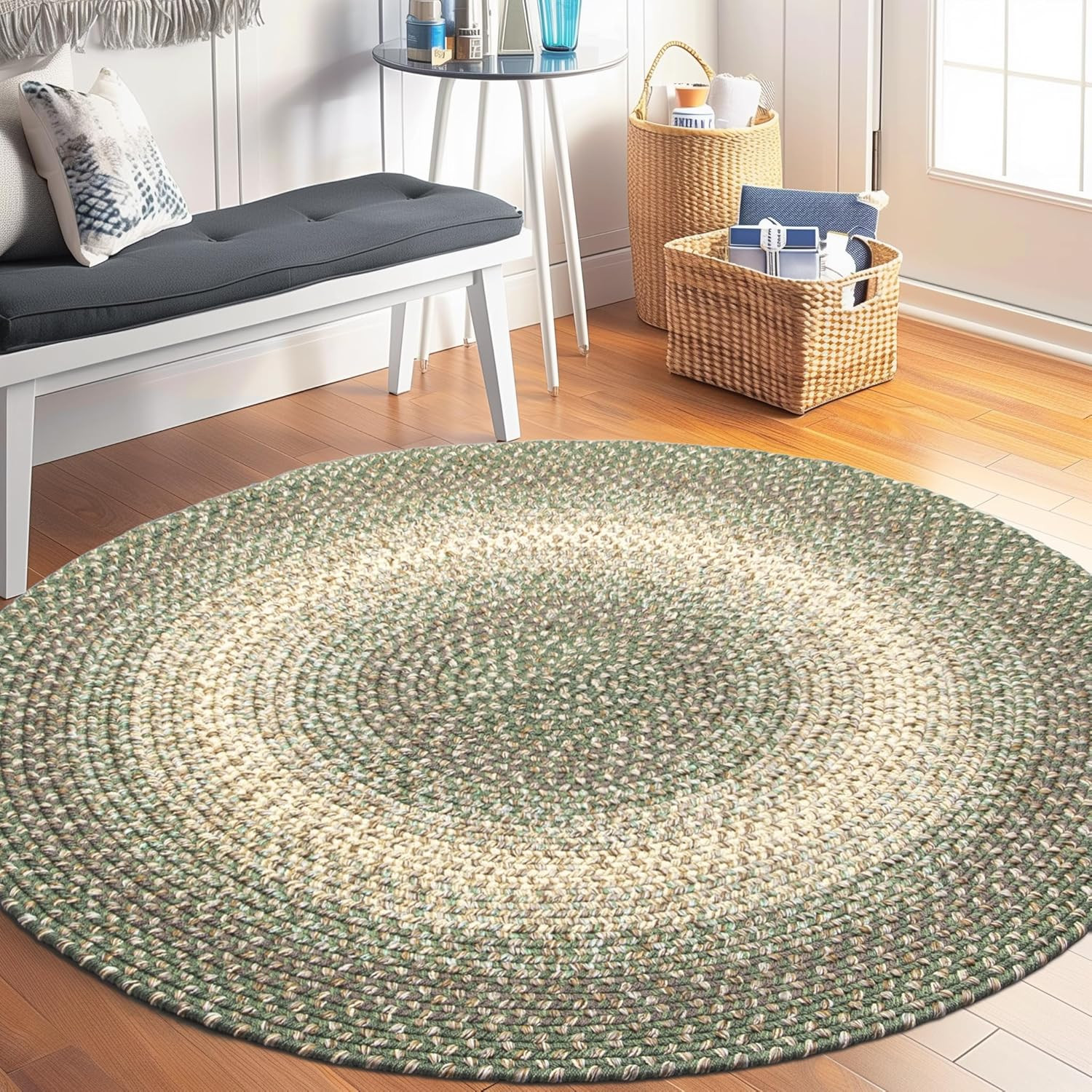 Reversible 4Ft Round Braided Rug in Forest Green/Beige for Kitchen & Dining