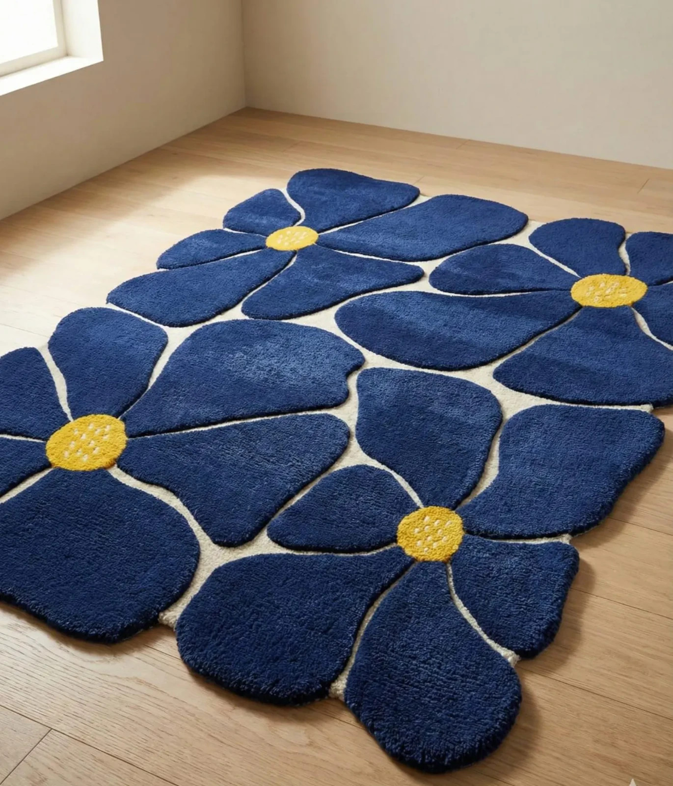 Hand Tufted Wool Rug: Blue Geometric, Modern Design Flora Blossom Shaped Rug 6×9