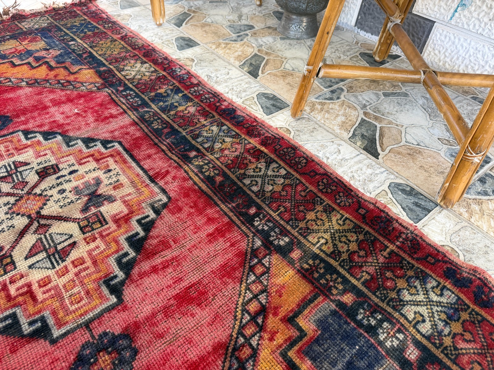 1980s Geometric Turkish Vintage Rug, Distressed Handmade Anatolian Wool Area 4×6