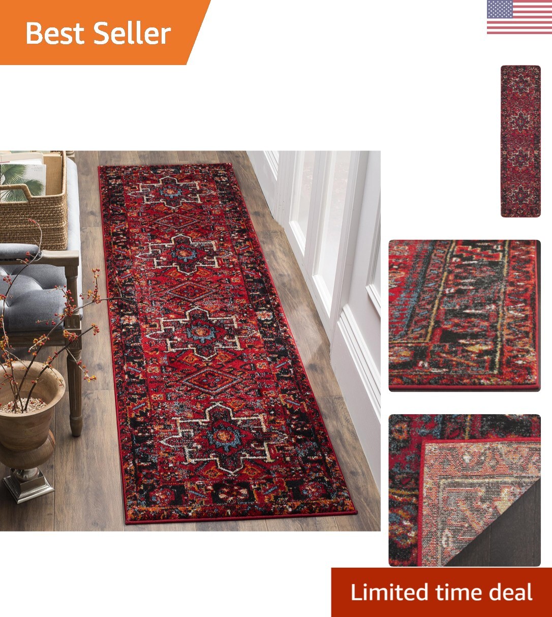 Vintage Oriental Runner Rug – 2’3″ x 10′, Red & Multi, Non-Shedding & Easy Care